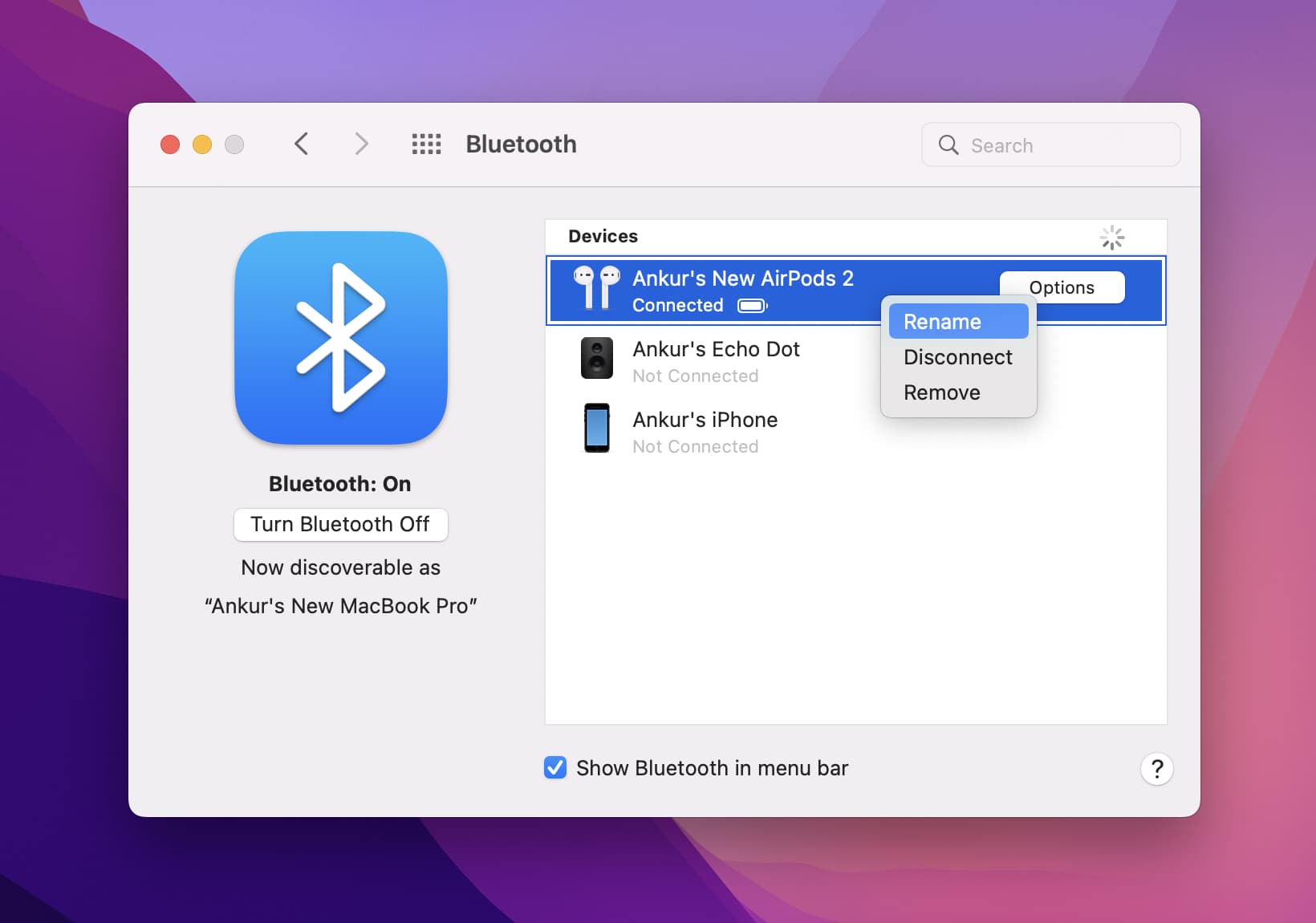 Steps to change the name of a Bluetooth device on Mac