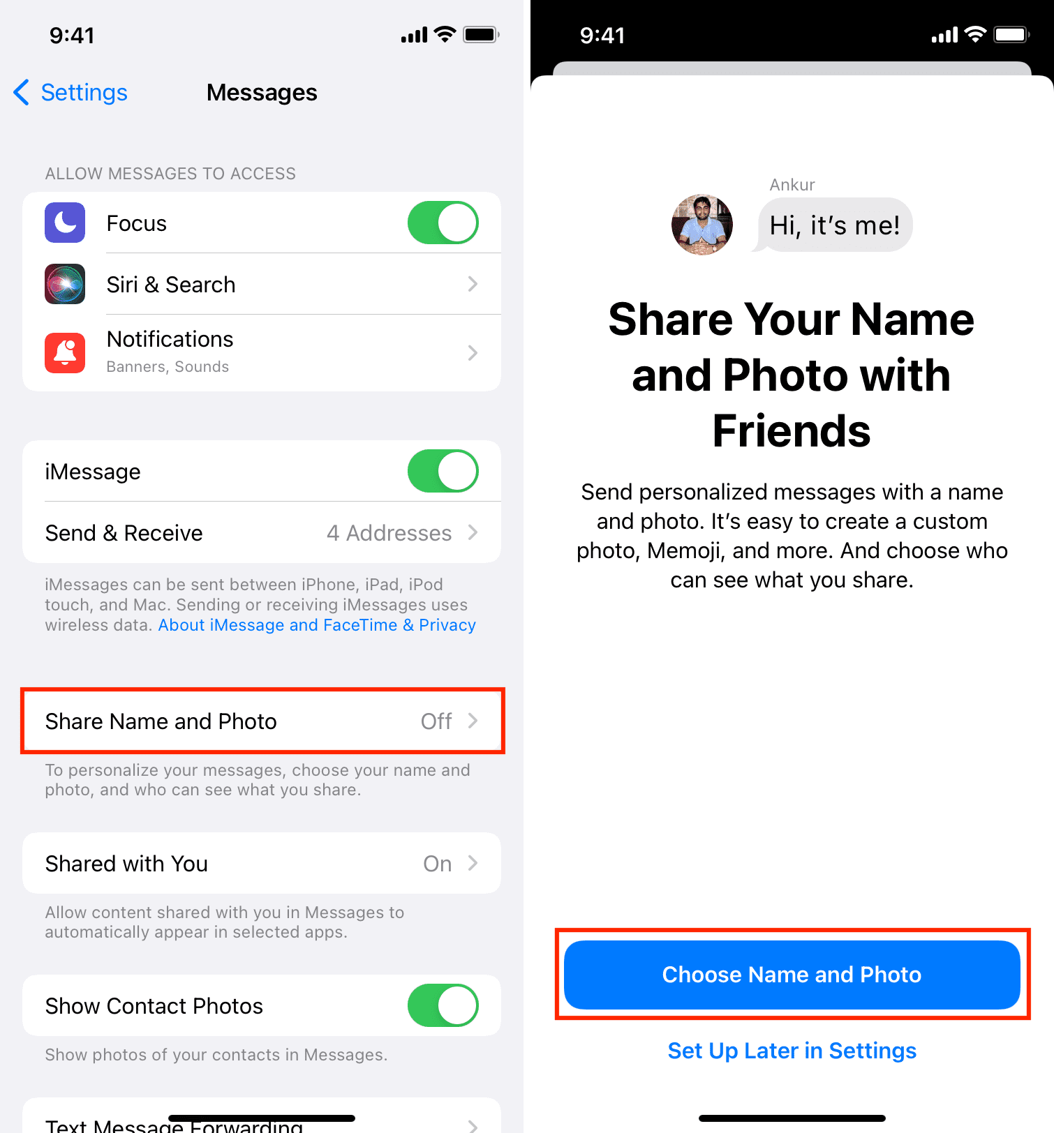 Share Name and Photo in iPhone Messages Settings