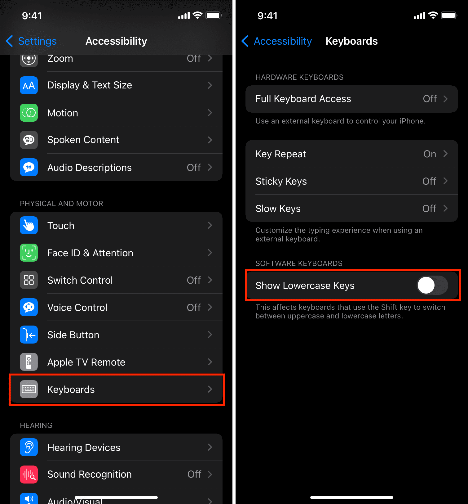 Show Lowercase Keys in iPhone accessibility settings