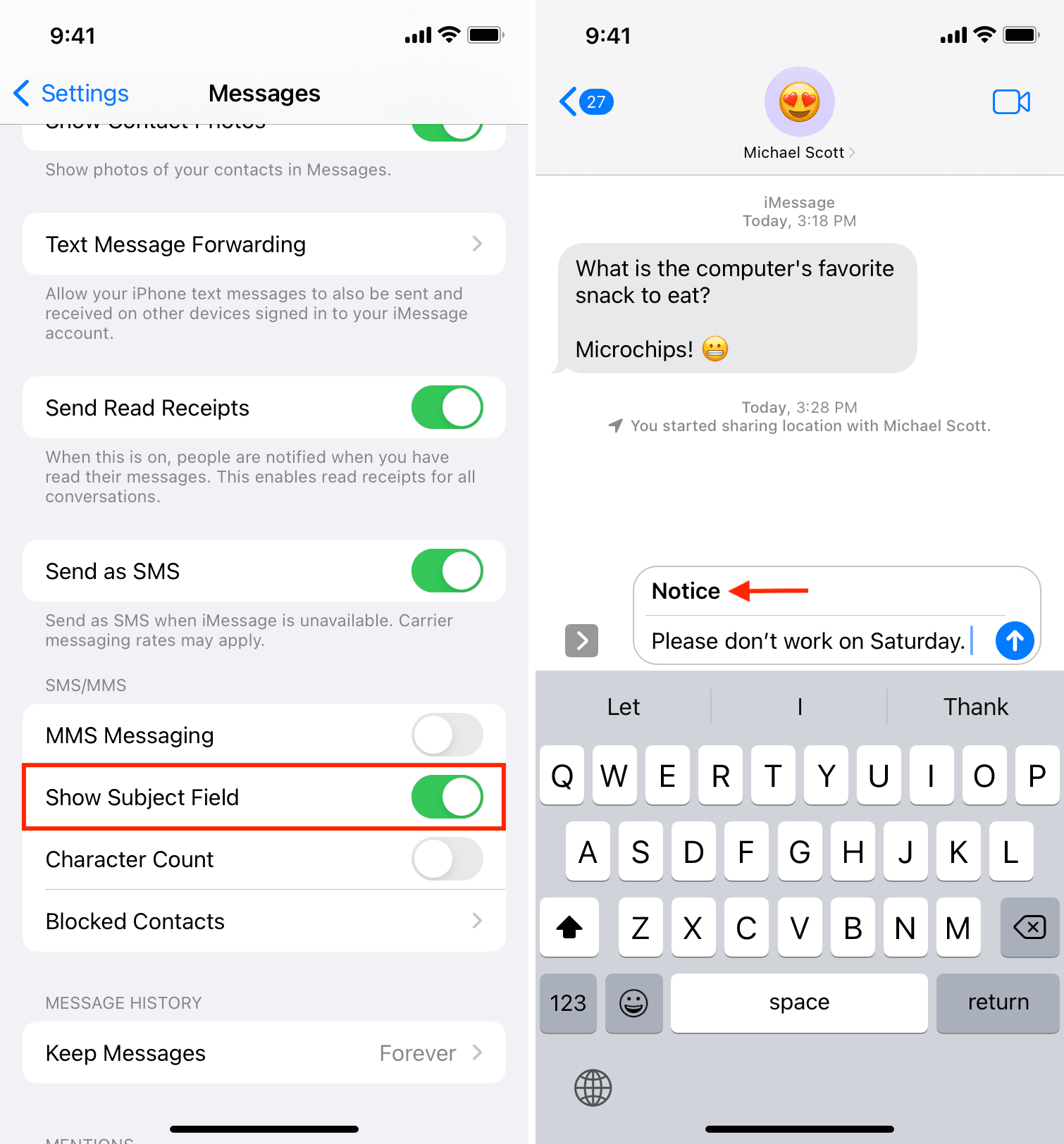 Show Subject Field to write iMessage in bold