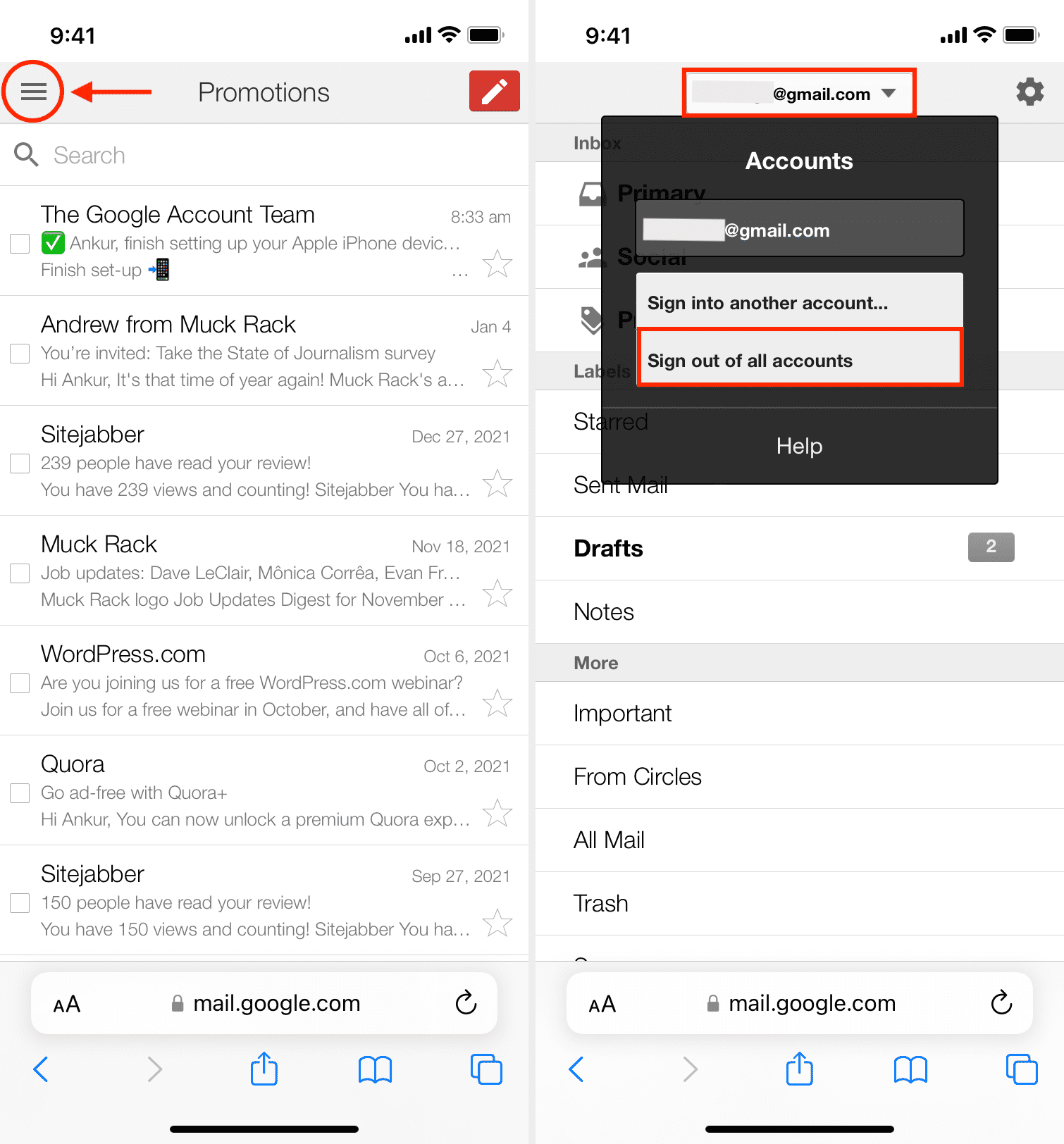 Sign out of all accounts for Gmail in mobile browser