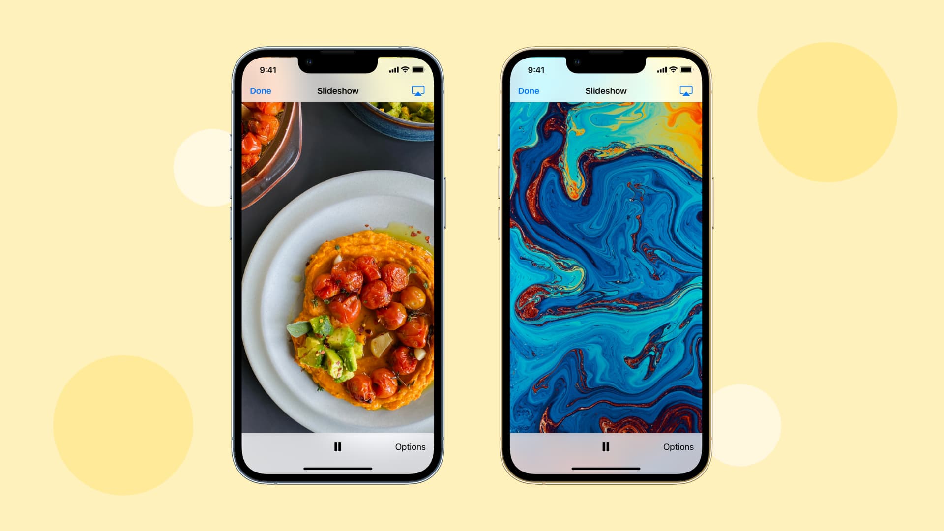 Two iPhones showing ongoing slideshow of pictures
