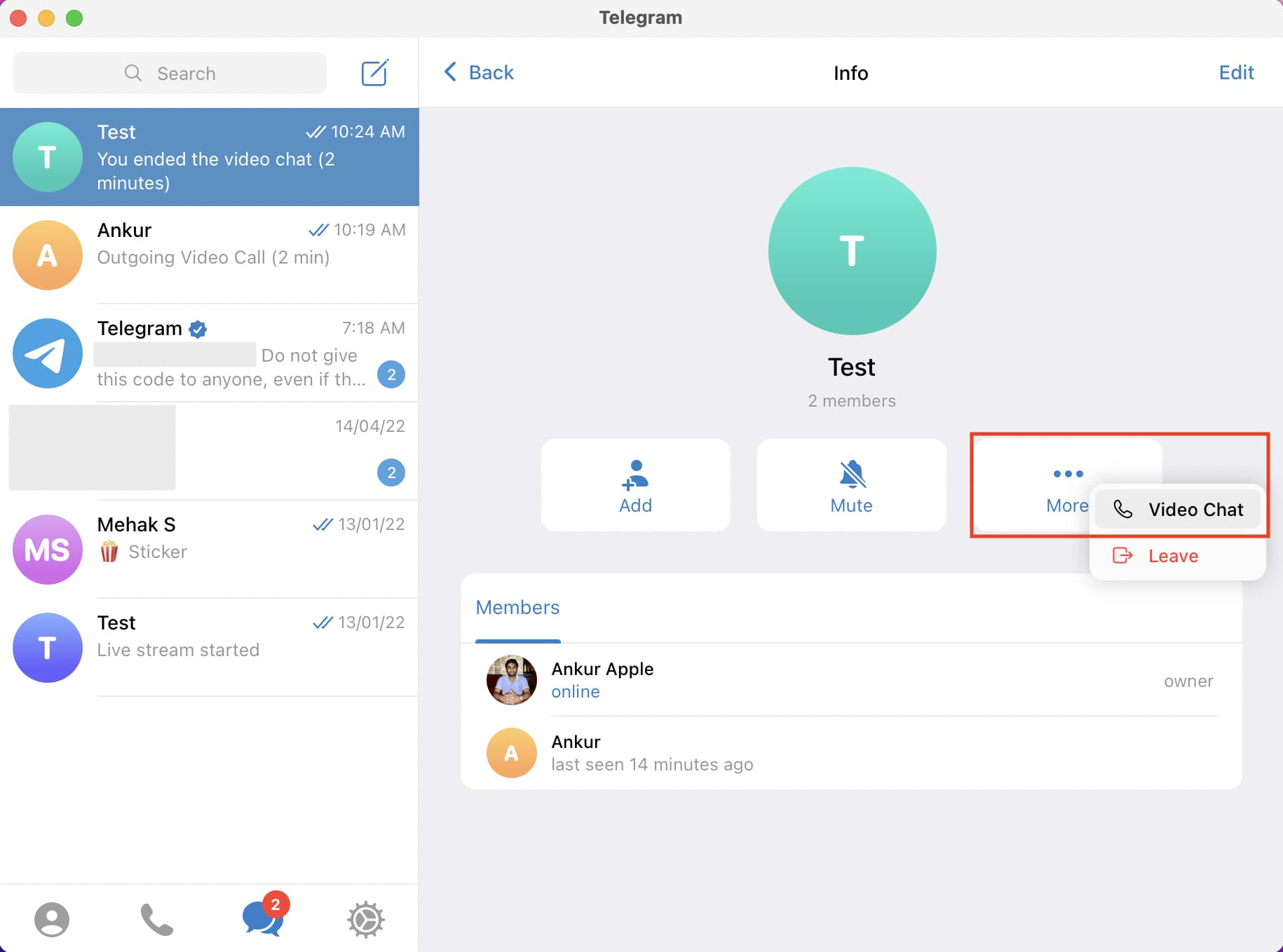 Start group video call on Telegram for Mac