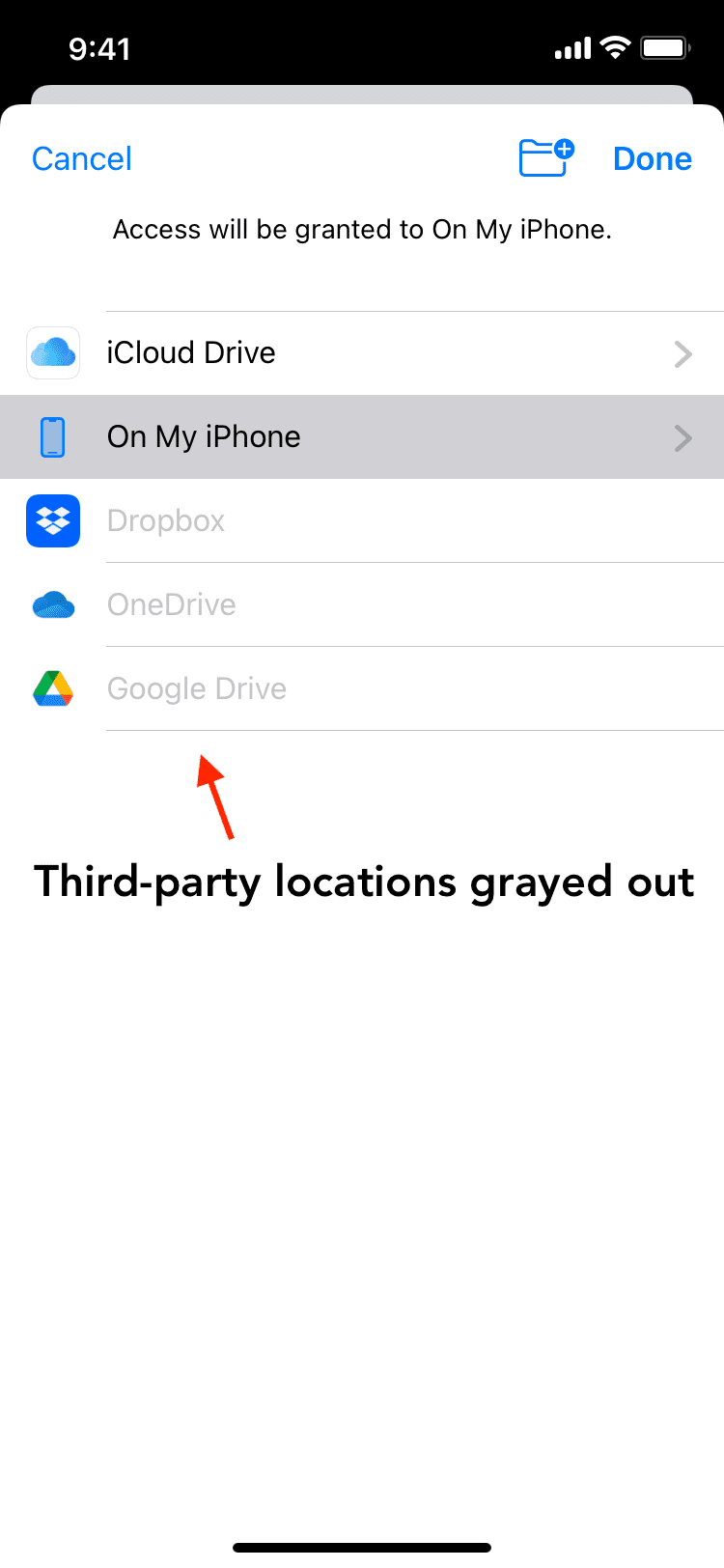 Third-party locations blurred in Files app