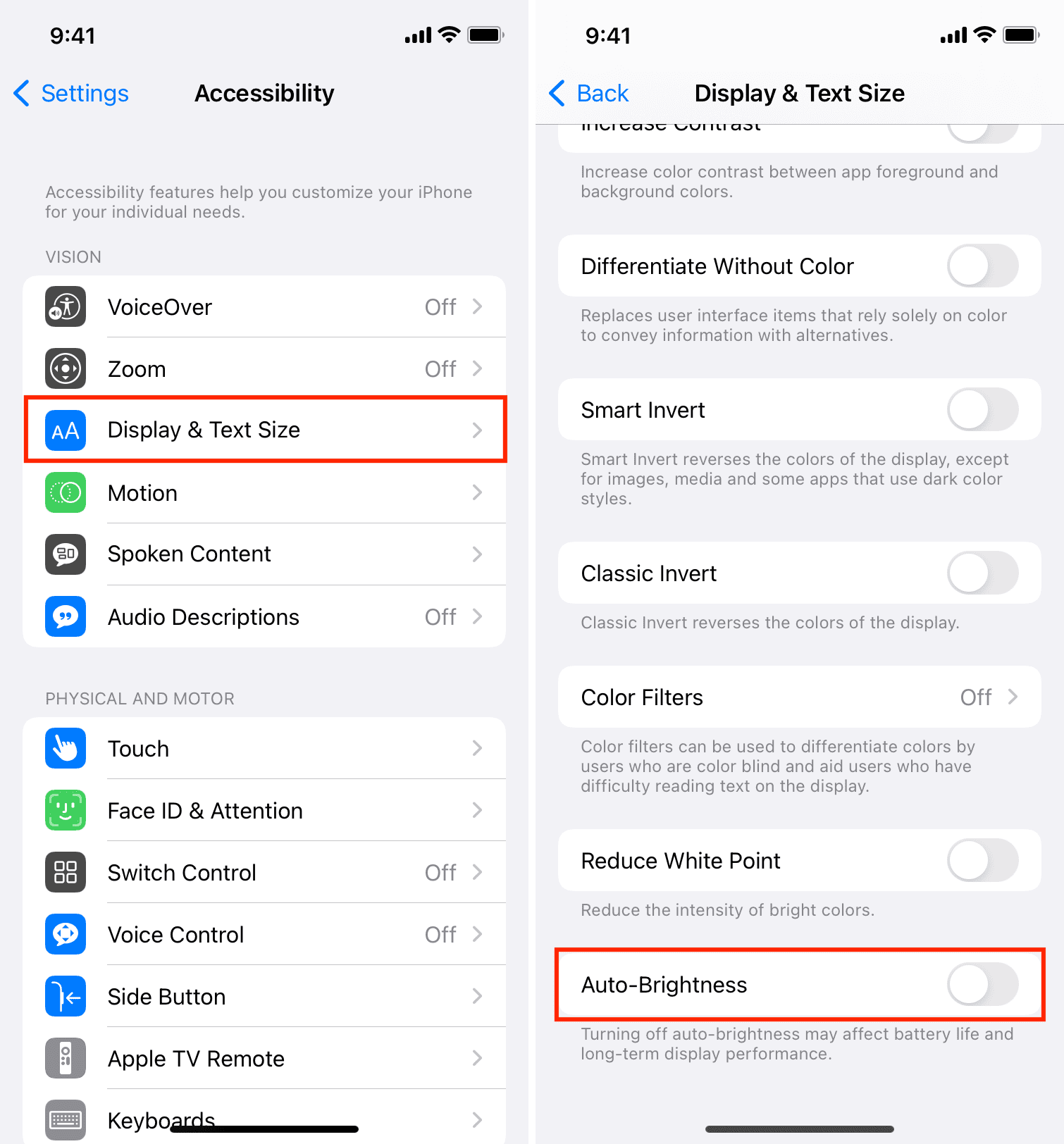Turn off Auto-Brightness in iPhone Accessibility settings