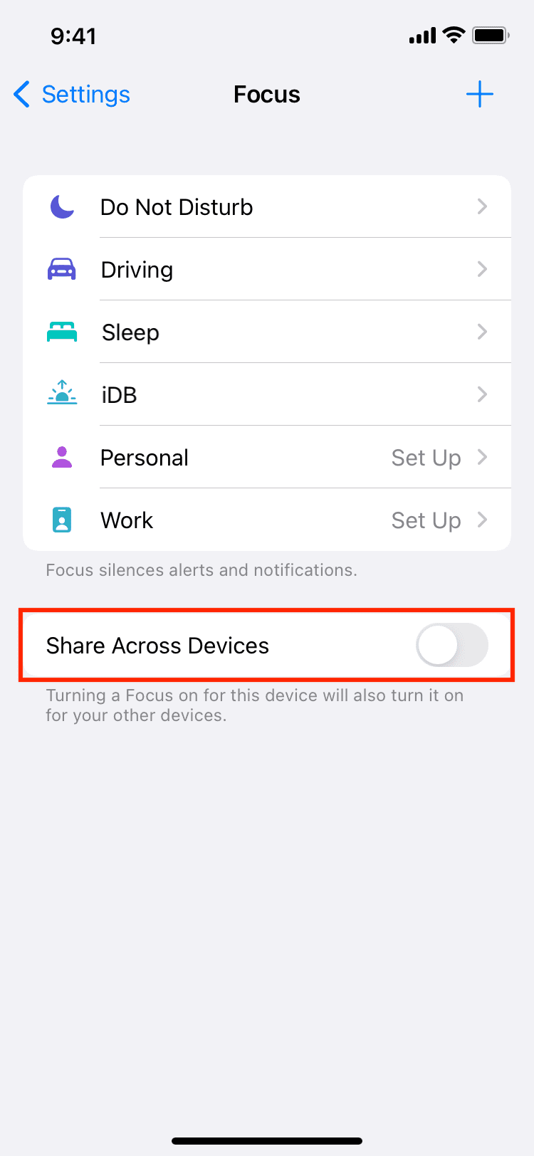 Turn off Share Across Devices in Focus settings on iPhone