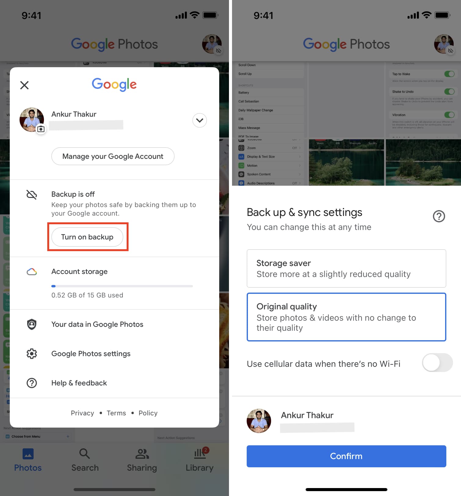 Turn on backup in Google Photos on iPhone