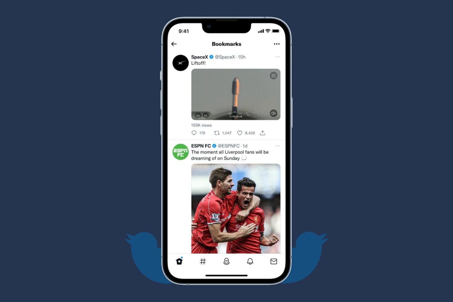 An iPhone mockup showing Twitter bookmarks