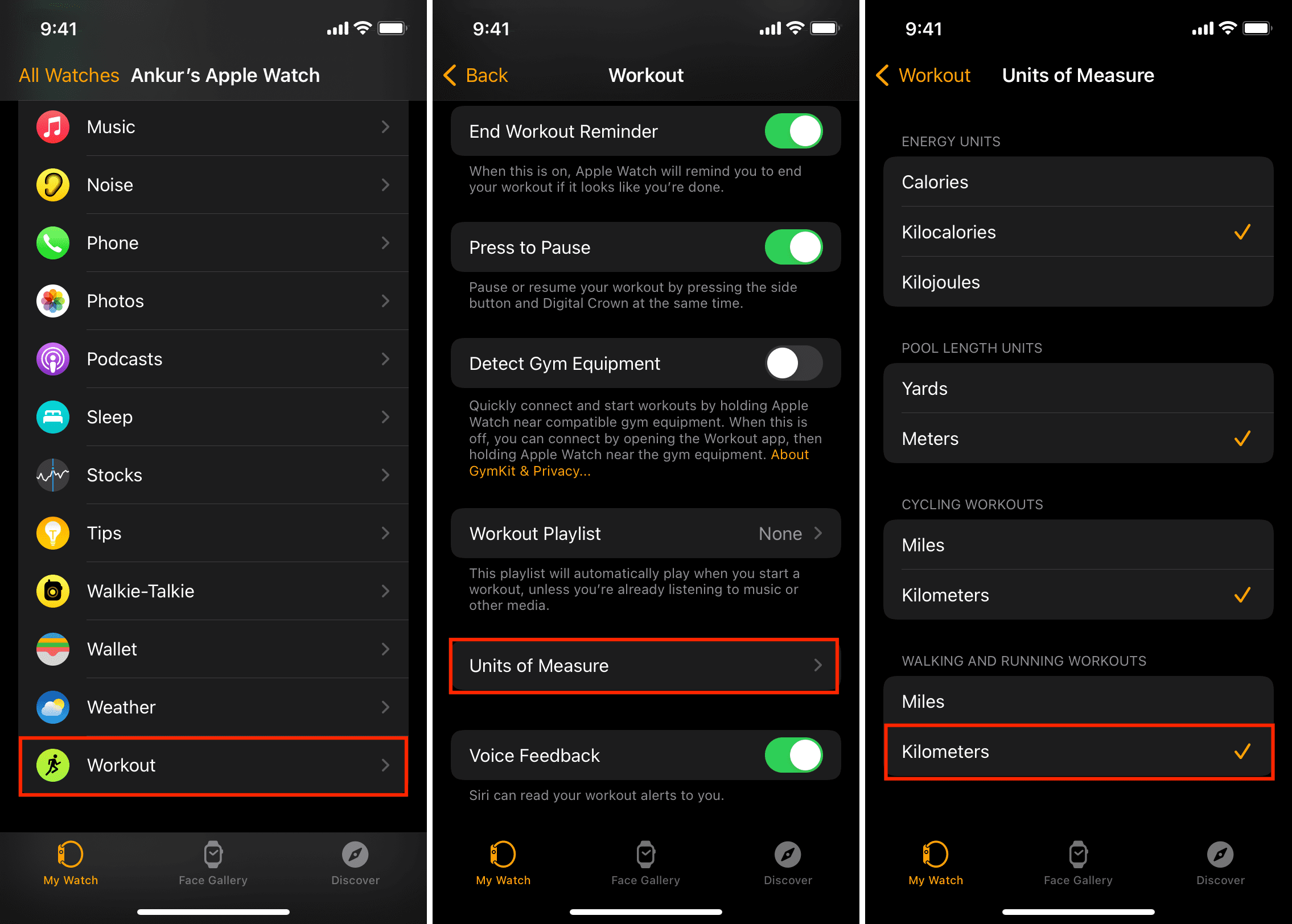 Units of Measure settings in the Watch app on iPhone