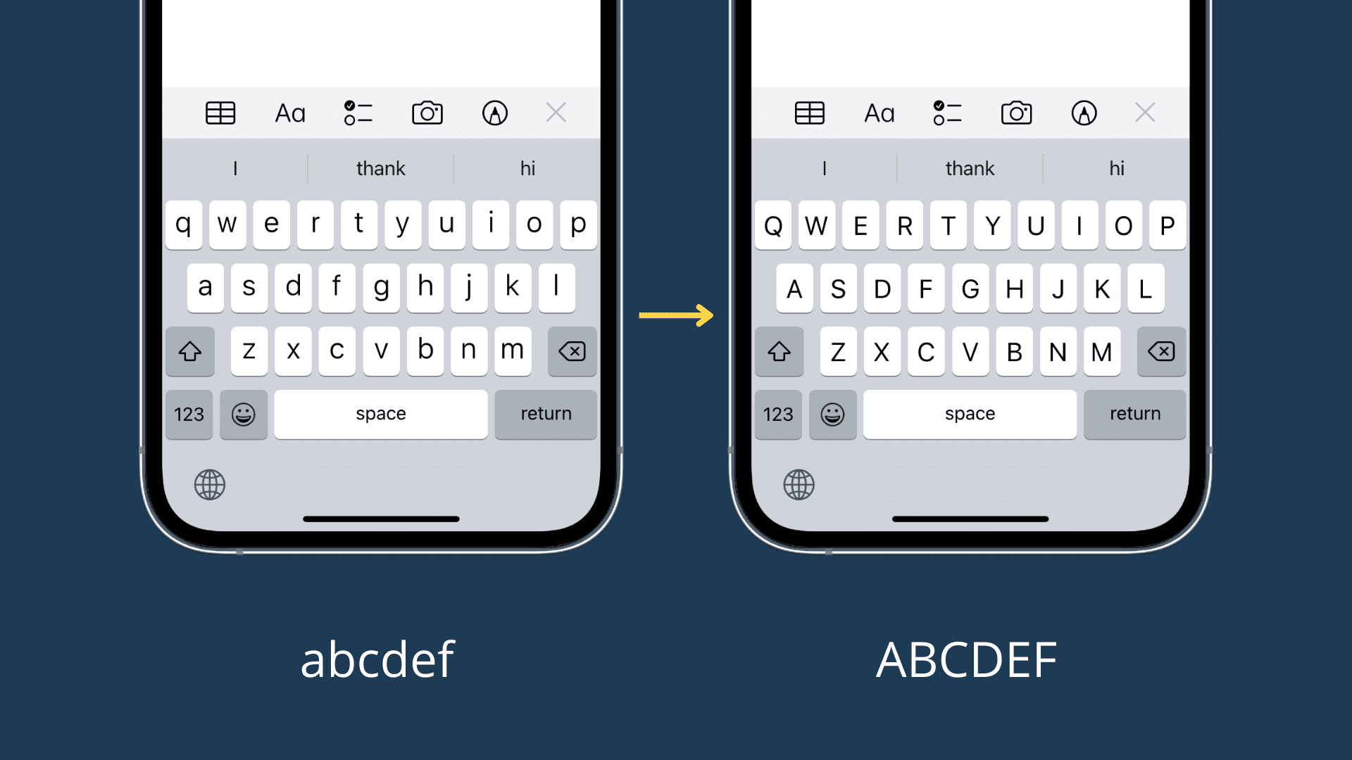 Two iPhone keyboards with one showing keys in lowercase and other showing keys in uppercase 