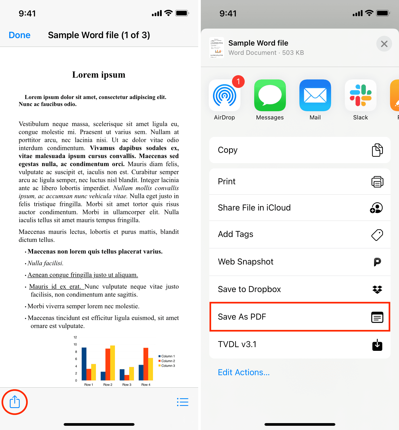 Use Save As PDF to convert Word to PDF on iPhone