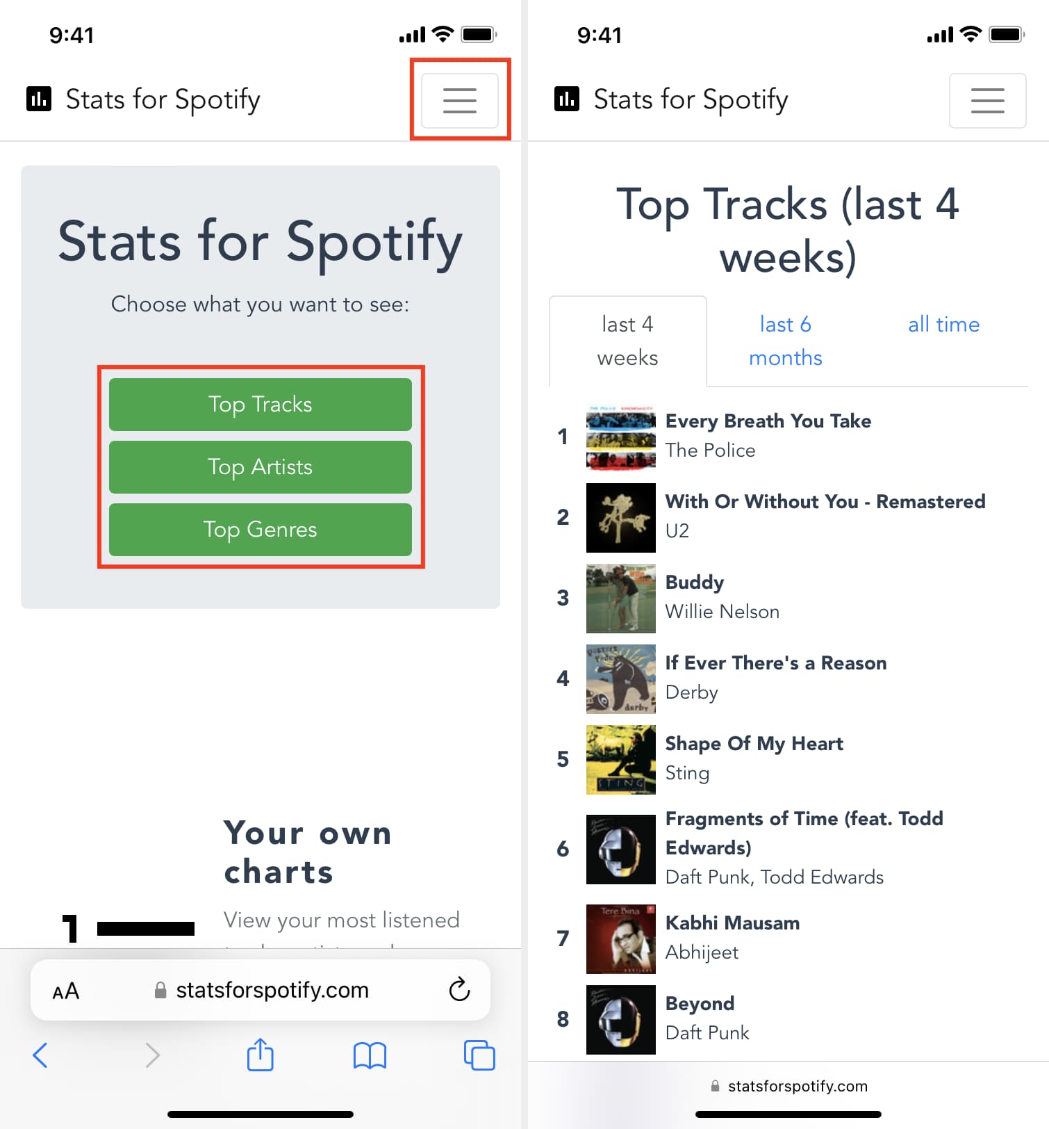 Using Stats for Spotify to see your top tracks for the last one month, six months, or all time