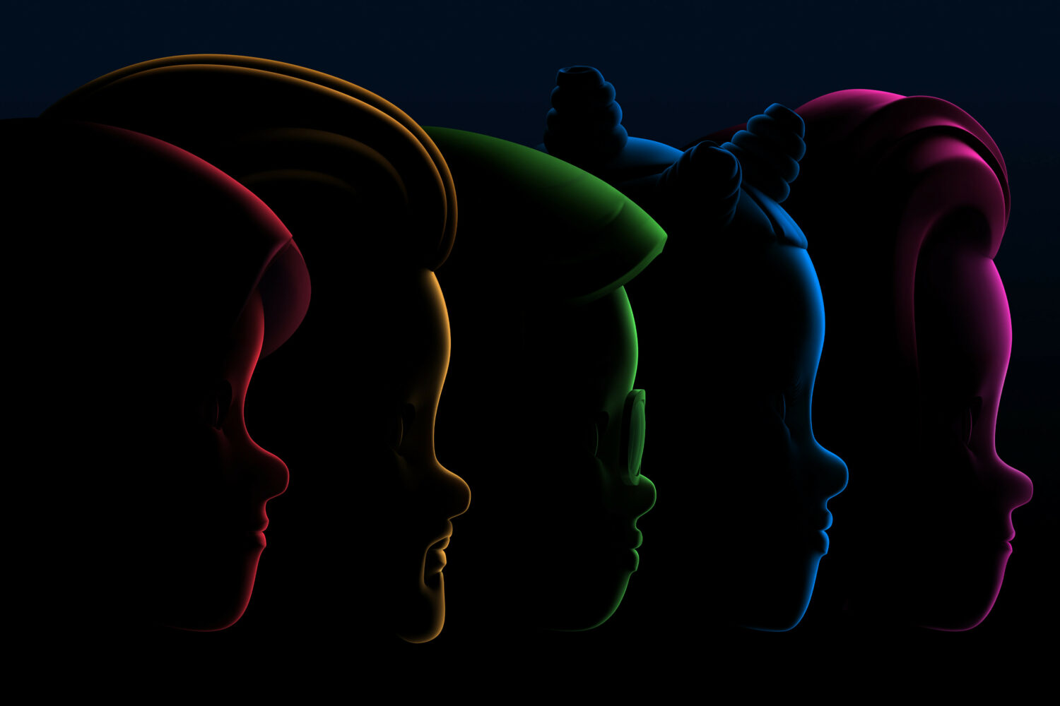 Apple's marketing image showing five Memoji head silhouettes set against a black background, designed to promote its Worldwide Developers Conference (WWDC)