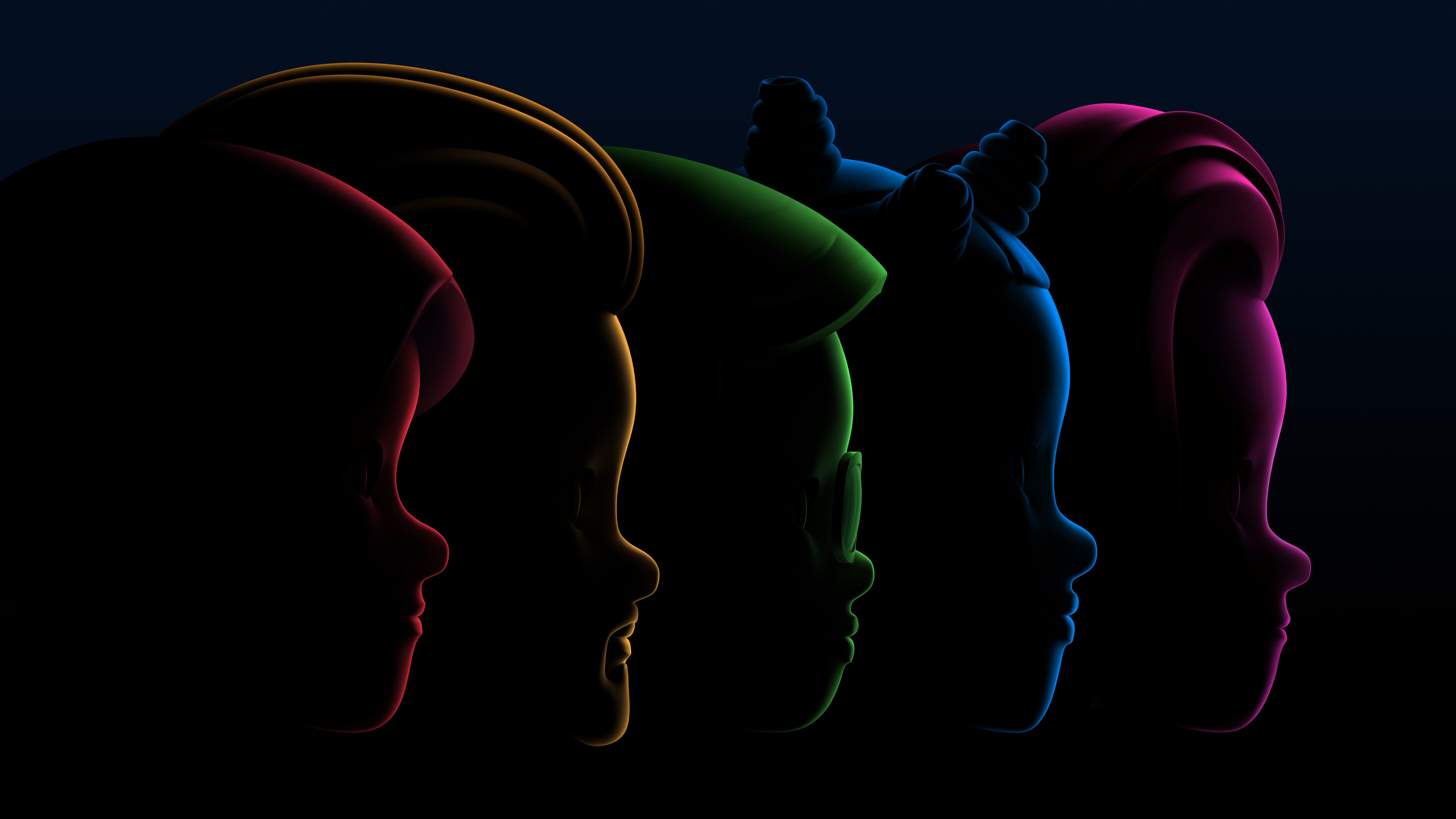 Apple's marketing image showing five Memoji head silhouettes set against a black background, designed to promote WWDC22 (this year's developer conference)