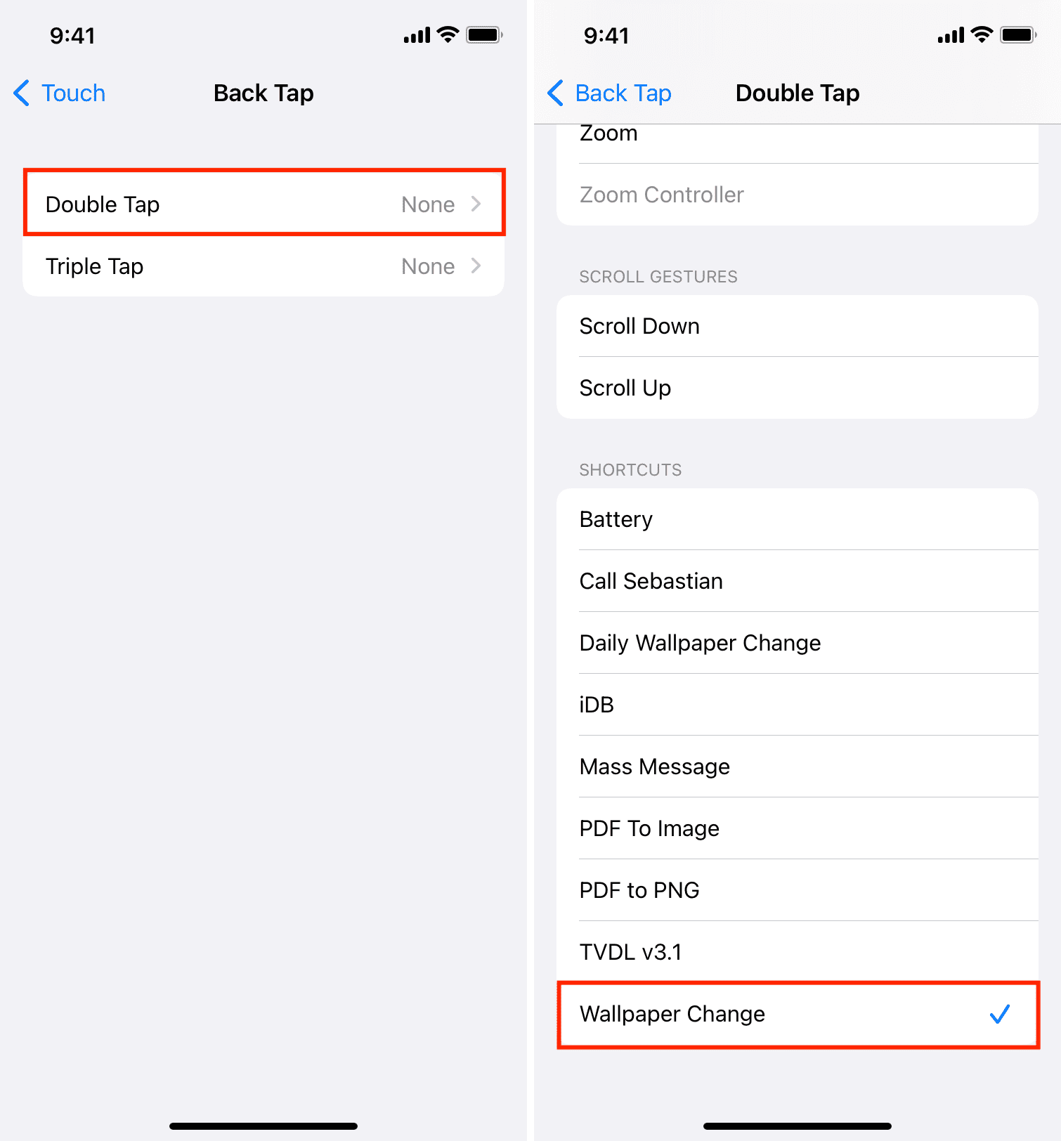 Wallpaper Change shortcut as double back tap on iPhone
