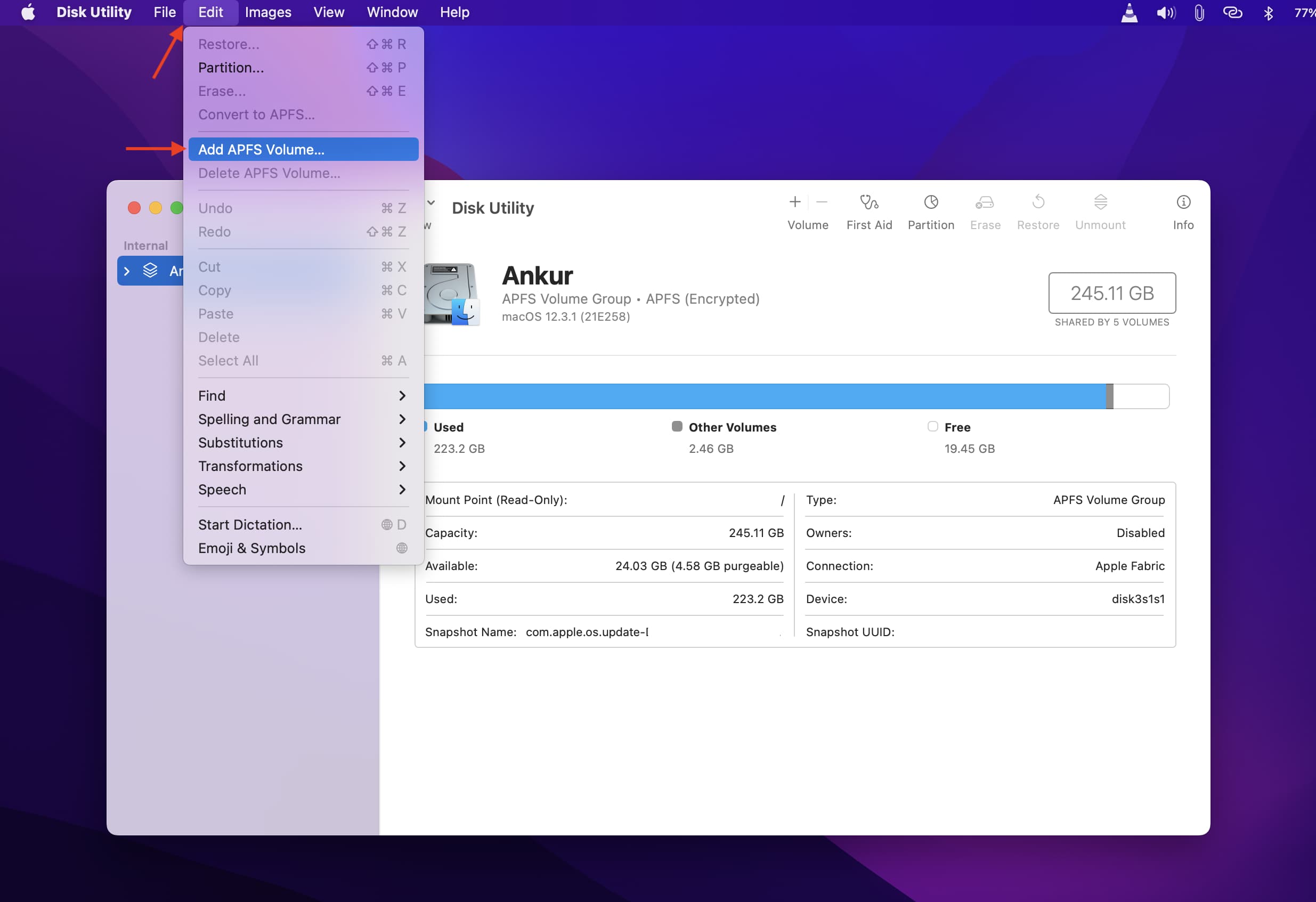 Add APFS Volume in Disk Utility on Mac