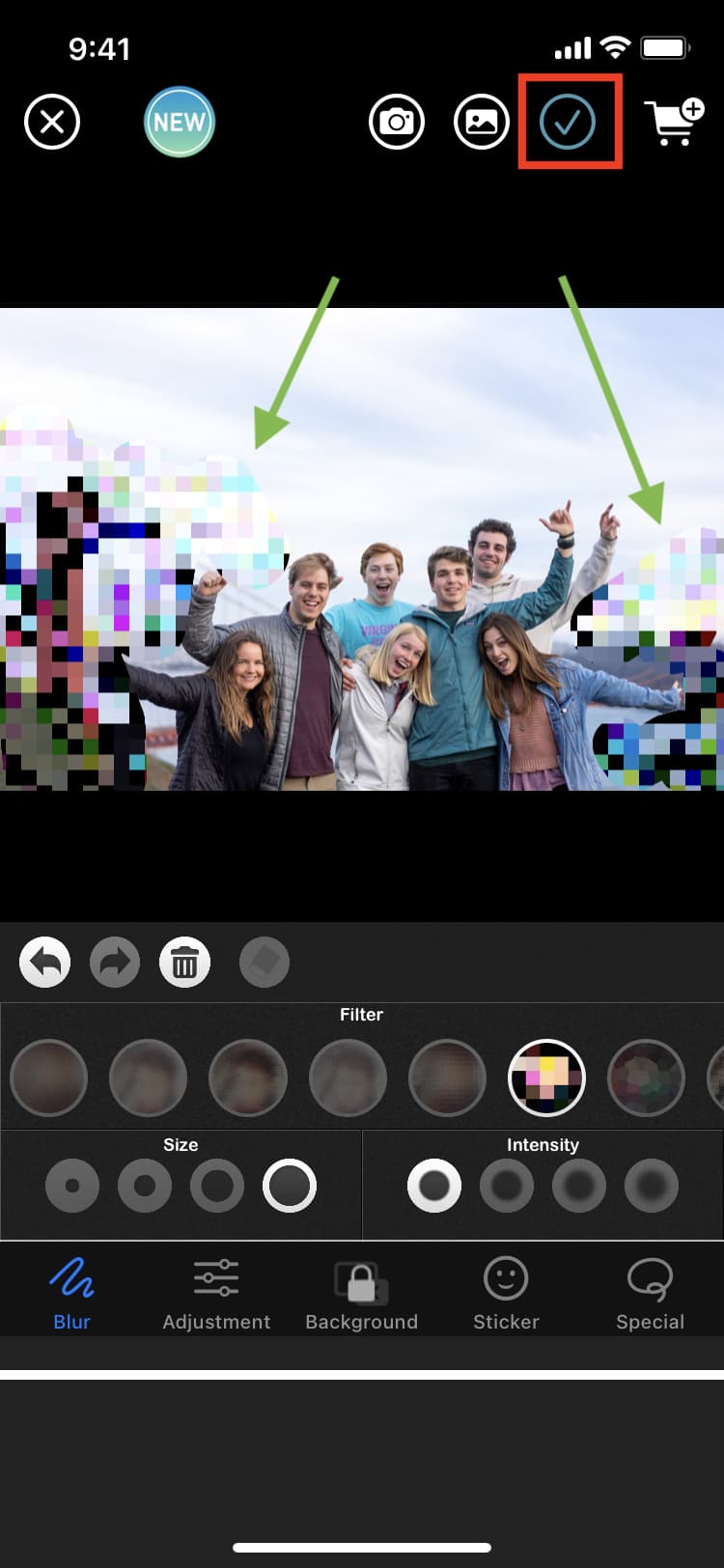 Add pixelate or blur effect and save final image to iPhone Photos app