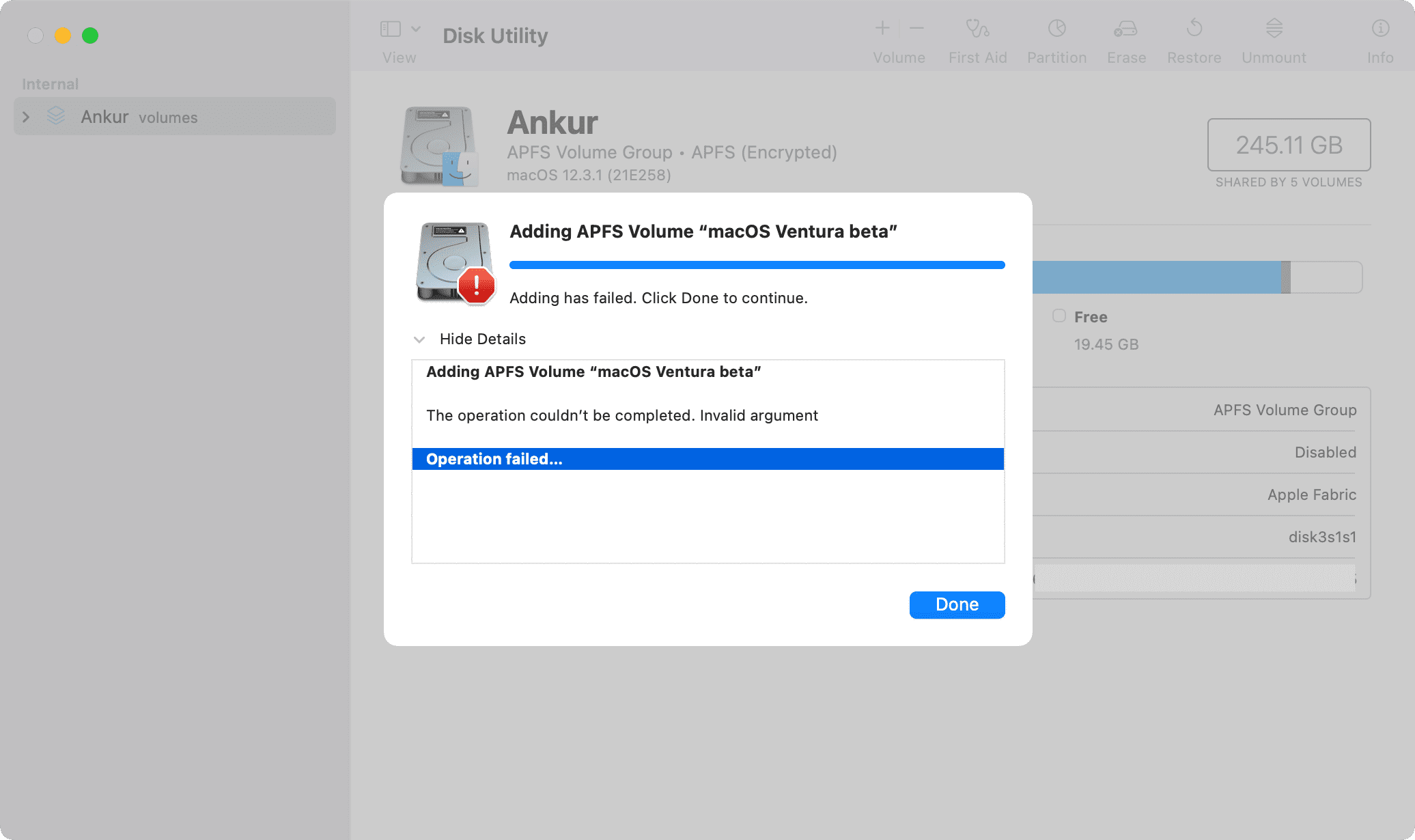 Adding APFS Volume failed error on Mac