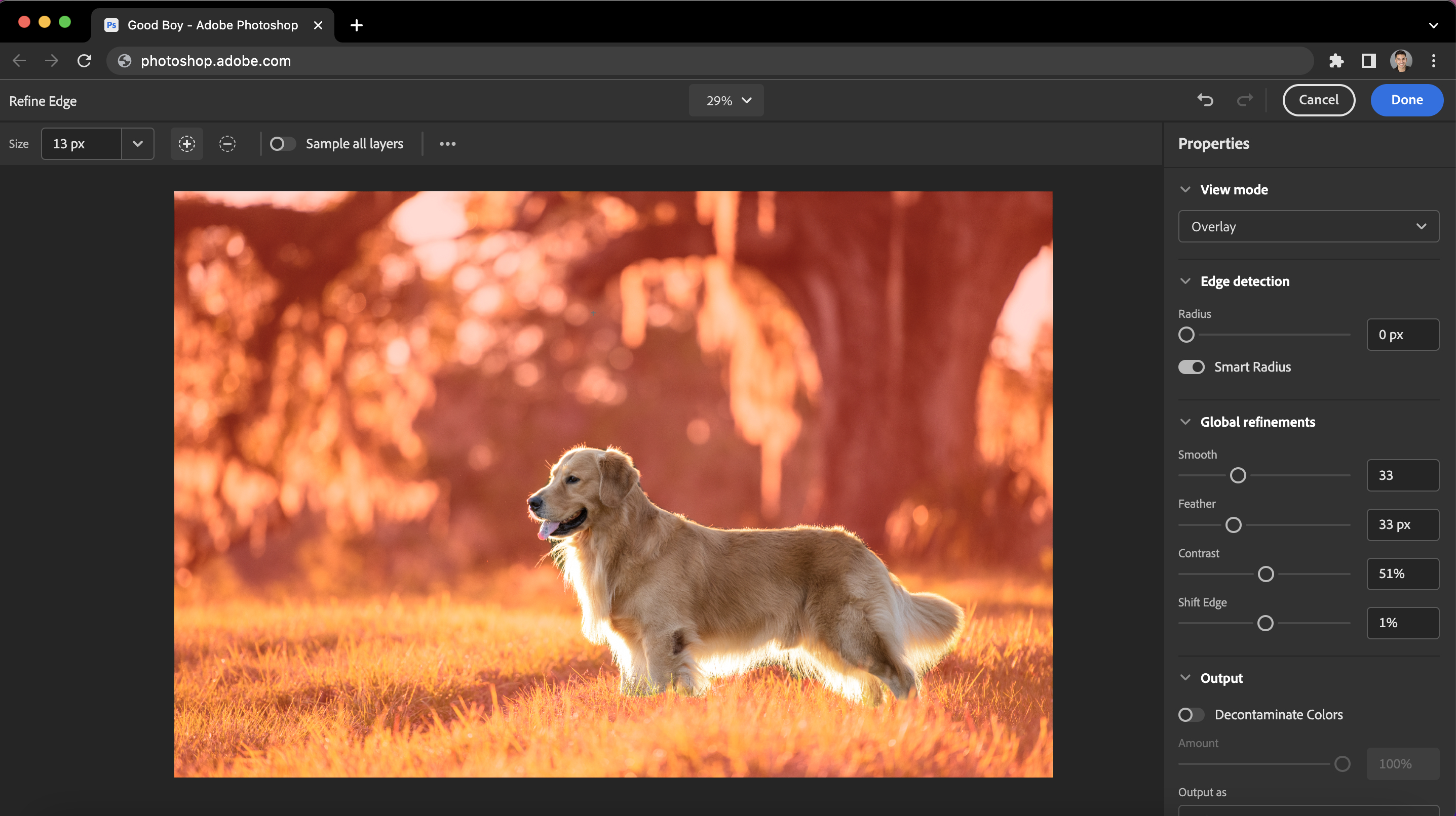 The Refine Edge feature is showcased in this browser screenshot of the web version of Photoshop, provided by Adobe