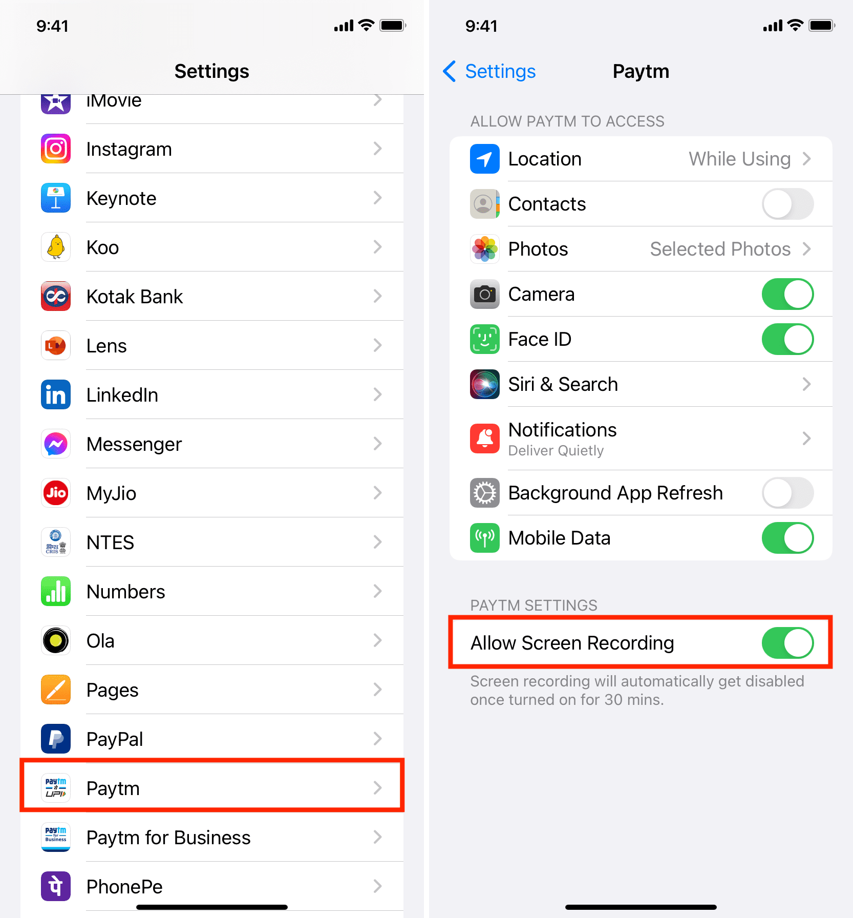 Allow Screen Recording for app in iPhone Settings
