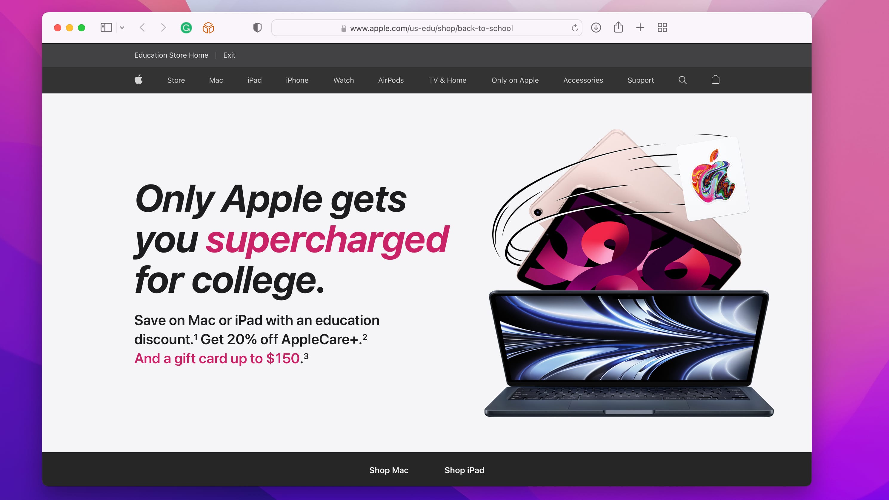 A Safari screenshot of a landing page on Apple's online educational store announcing the 2022 Back to School promotion which offers a free gift card with the purchase of an eligible Mac or iPad model