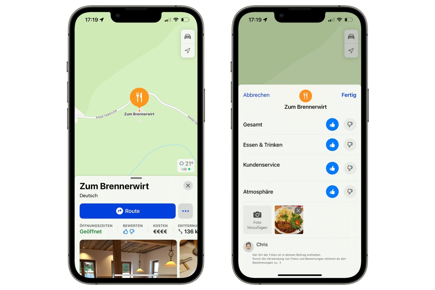 Two iPhone device screenshots showcasing native Apple Maps ratings for a restaurant in Germany