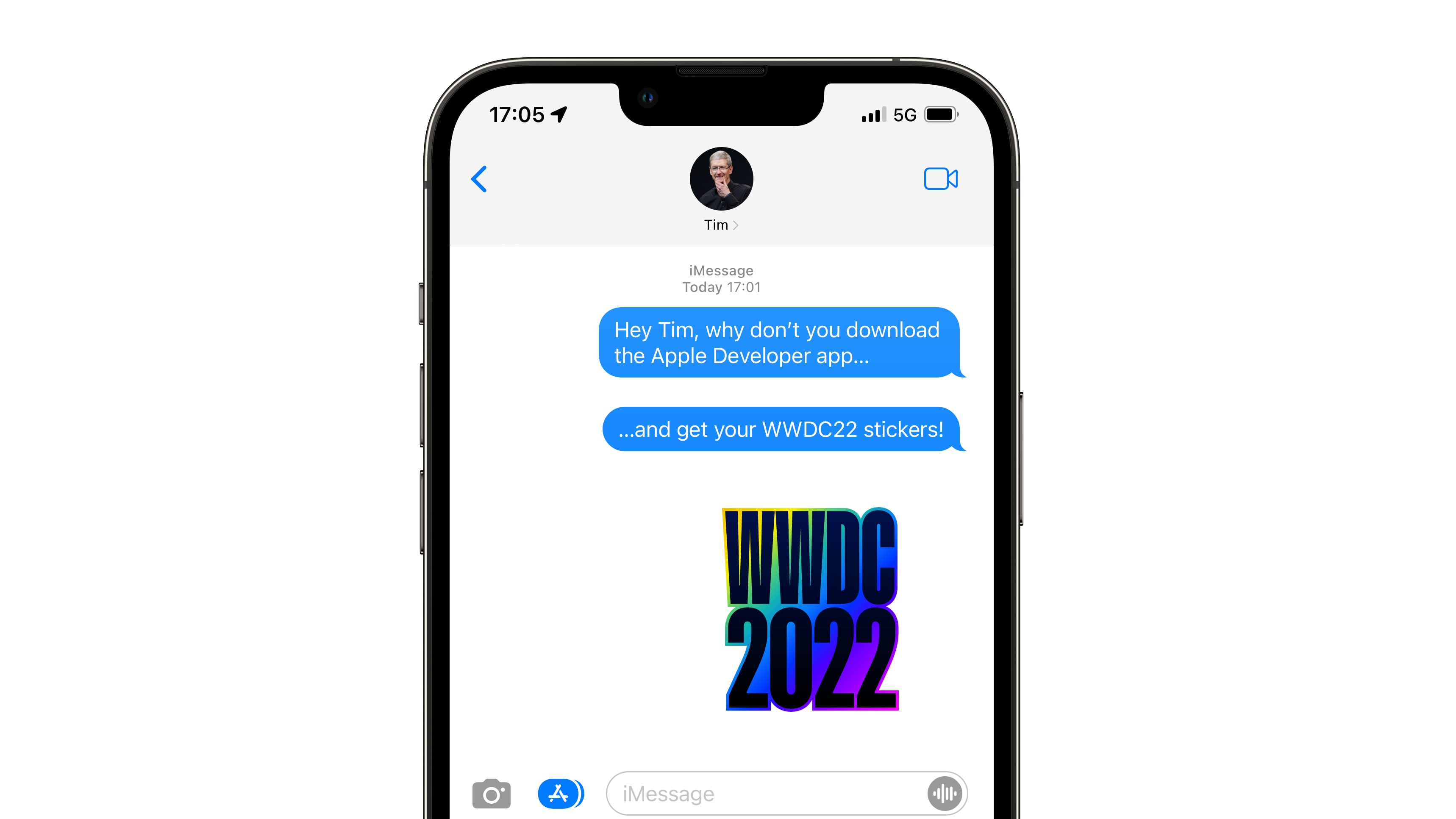 This example Messages screenshots depicts an imagined chat with Apple CEO Tim Cook to let him know he can get the official WWDC 2022 sticker pack for iMessage and FaceTime by downloading the Apple Developer app for iPhone and iPad