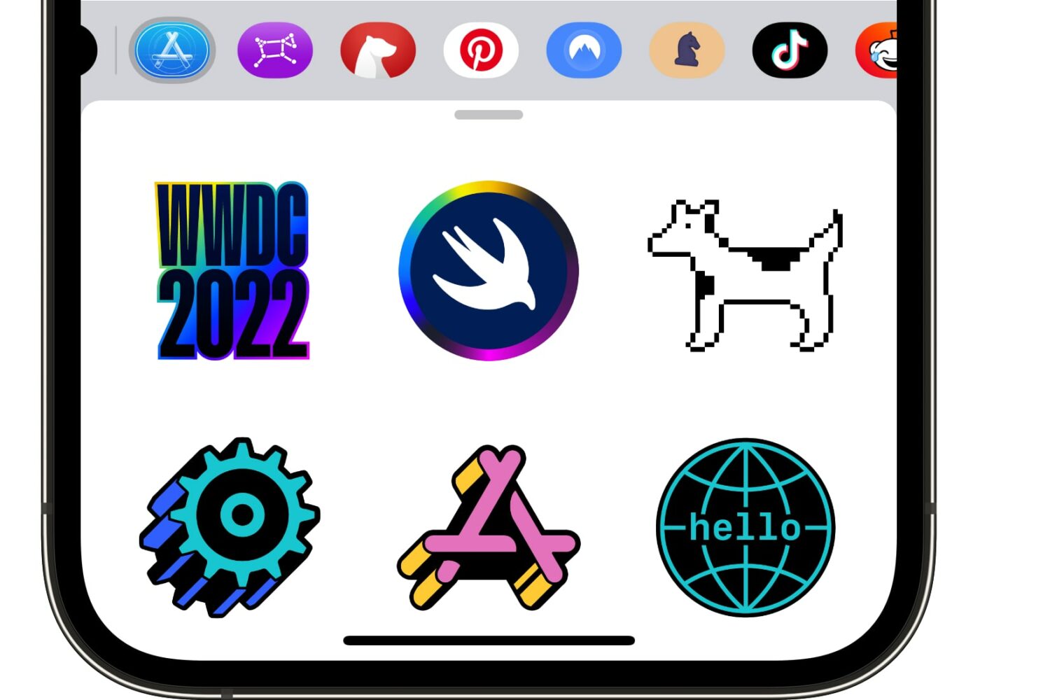 The official WWDC 2022 stickers in the app drawer of the Messages app are showcased in this iPhone screenshot