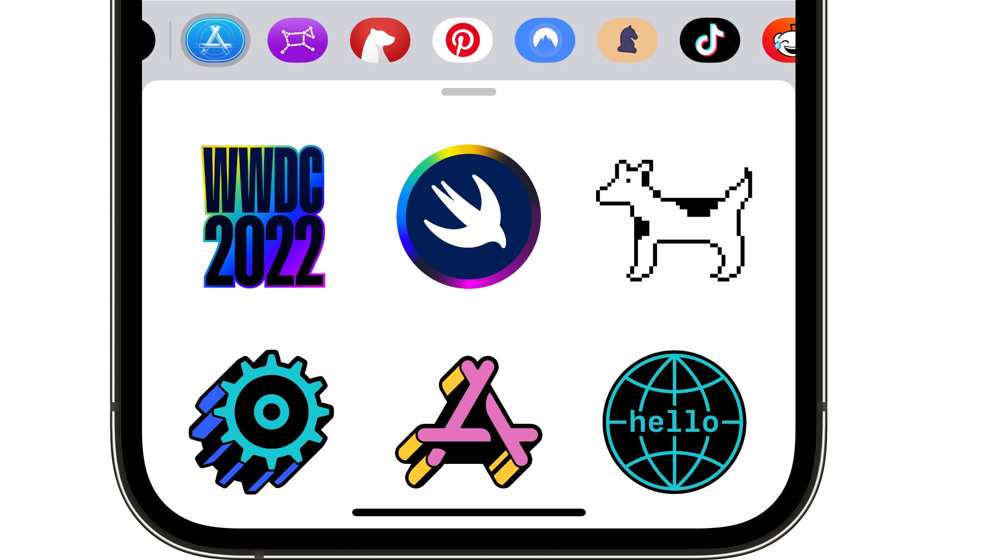 The official WWDC 2022 stickers in the app drawer of the Messages app are showcased in this iPhone screenshot
