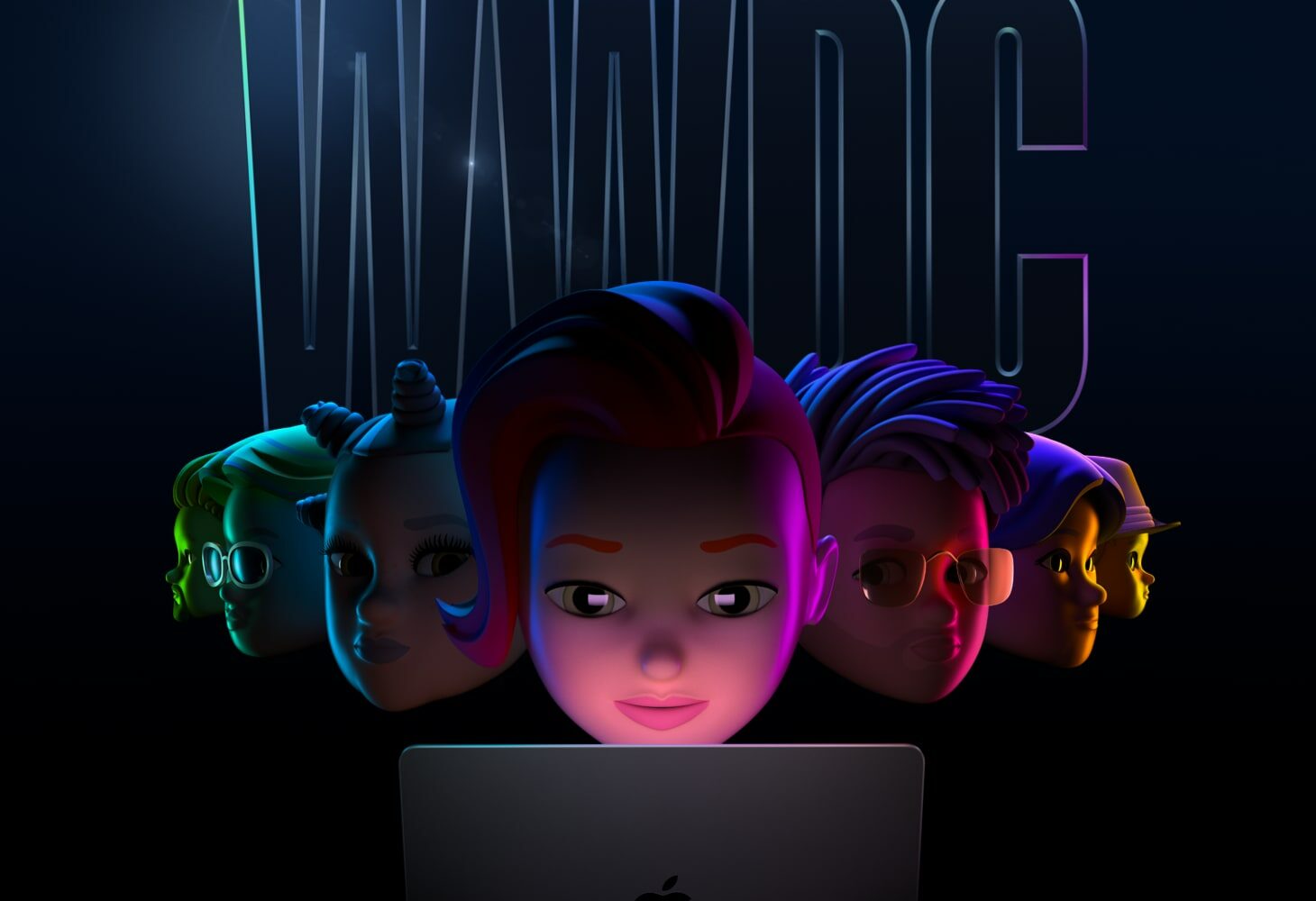 Marketing image showing developer Memojis gathered around a notebook, set against a dark background with "WWDC" printed on it