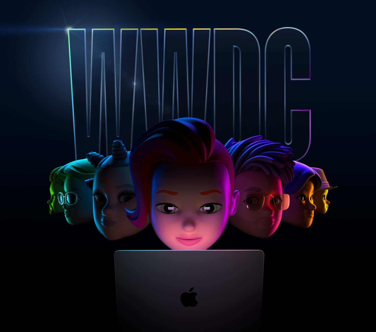 Marketing image showing developer Memojis gathered around a notebook, set against a dark background with "WWDC" printed on it