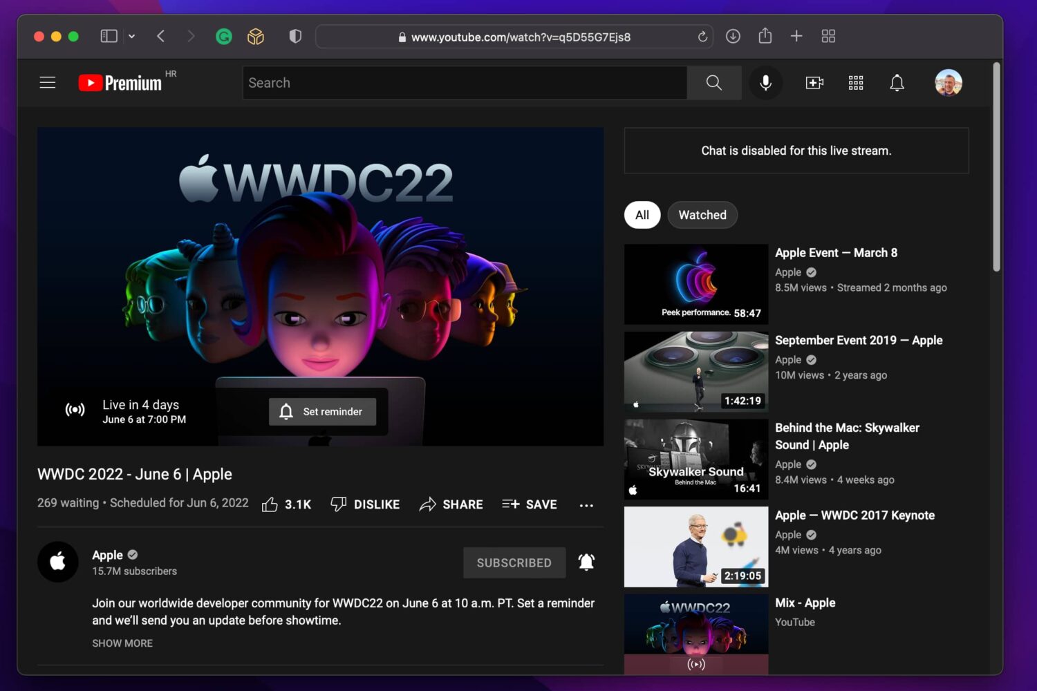 Apple's official YouTube channelis showcased in this Safari for Mac screenshot, with a prominent "Set reminder" button featured on top of the WWDC 2022 live stream placeholder image