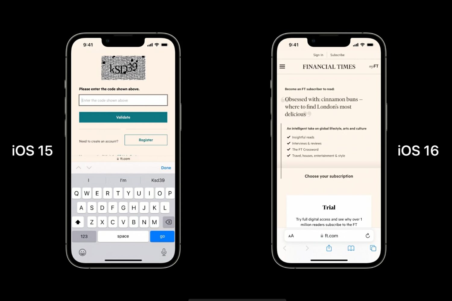 Two iPhones, one on the left is running iOS 15 and showing CAPTCHA verification on the Financial Times website in Safari and the other bypassing CAPTCHA thanks to iOS 16