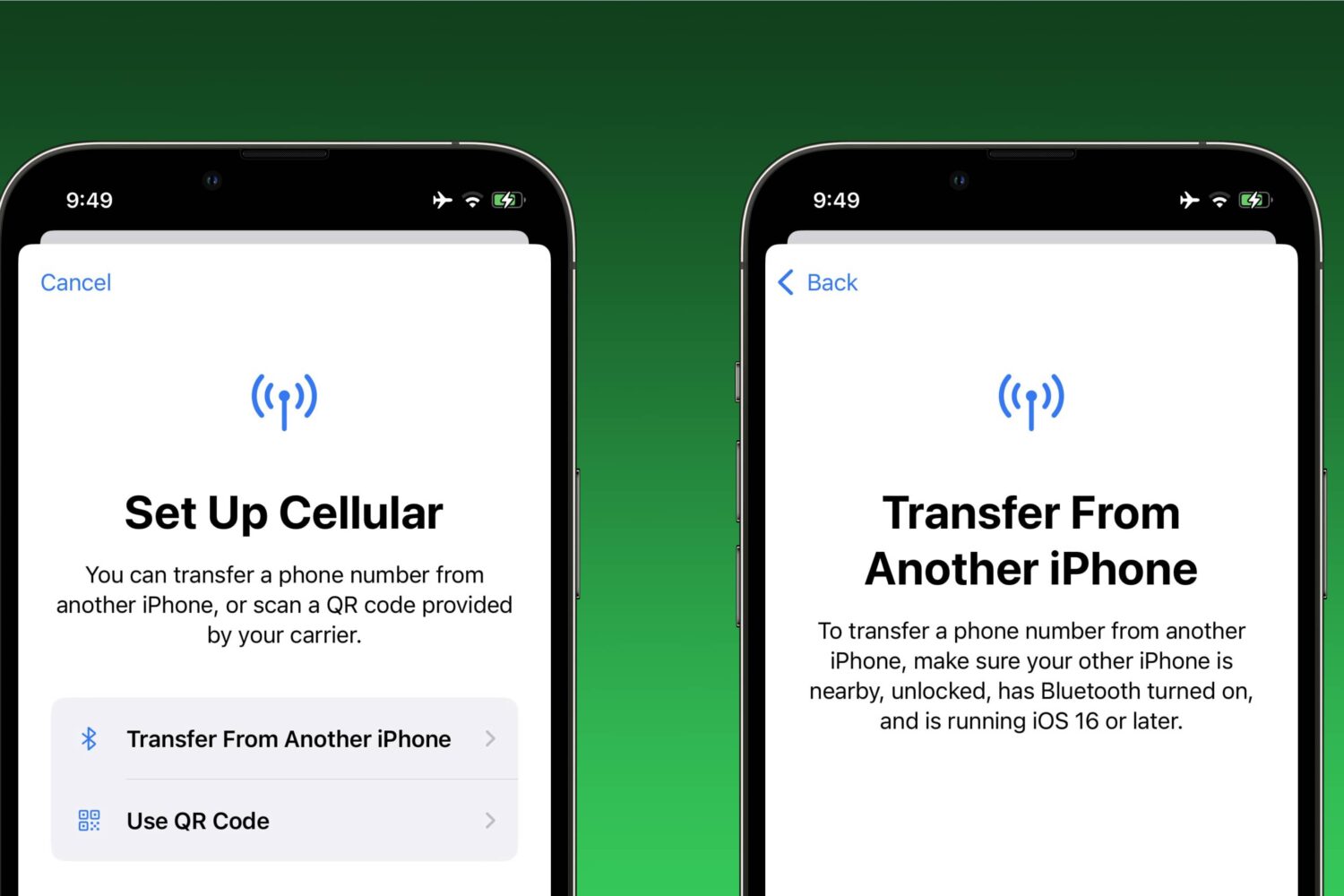 Two device screenshots demonstrating transferring an eSIM from one iPhone to another via Bluetooth, which is one of the new features of Apple's iOS 16 software