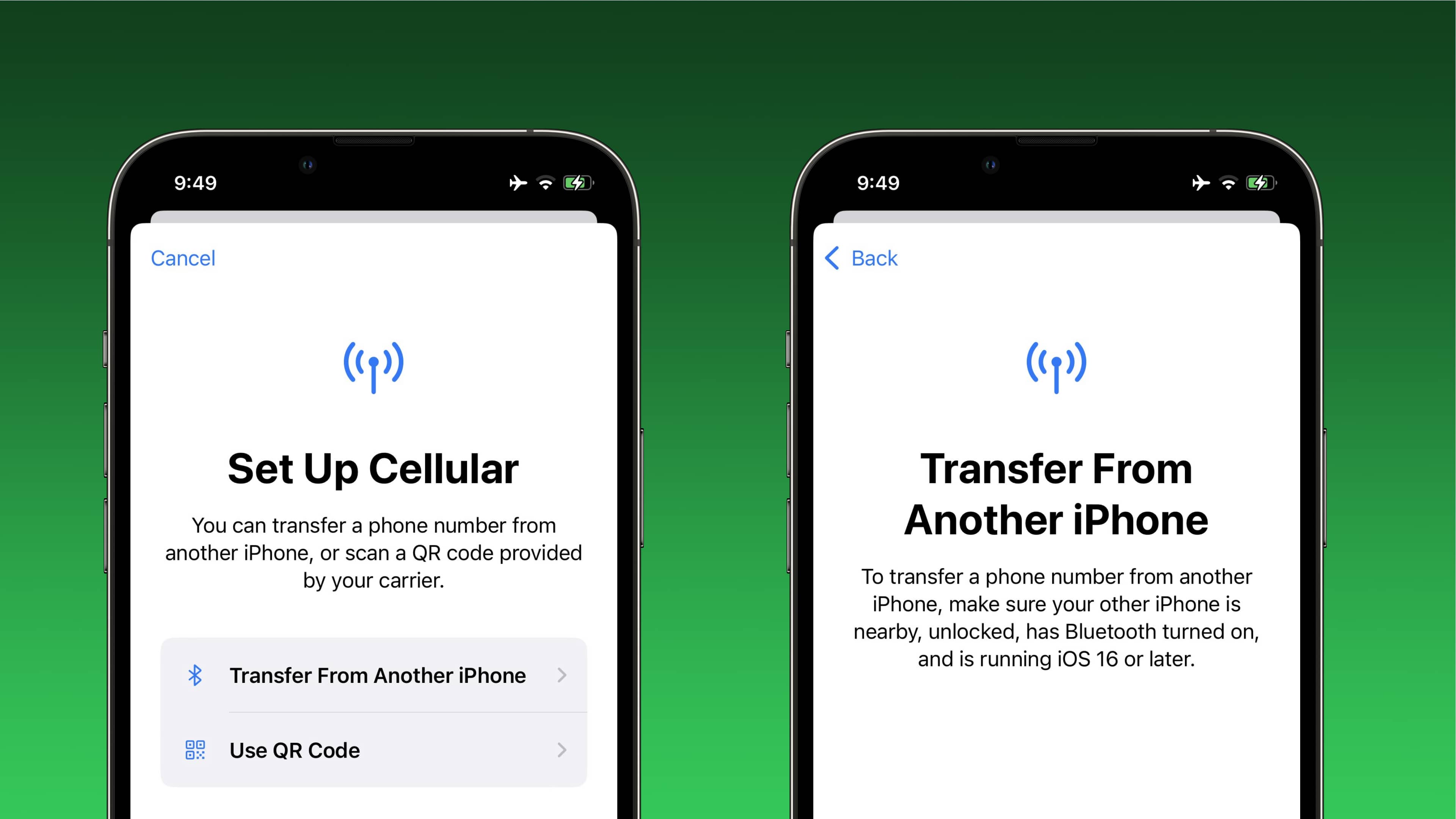 Two device screenshots demonstrating transferring an eSIM from one iPhone to another via Bluetooth, which is one of the new features of Apple's iOS 16 software