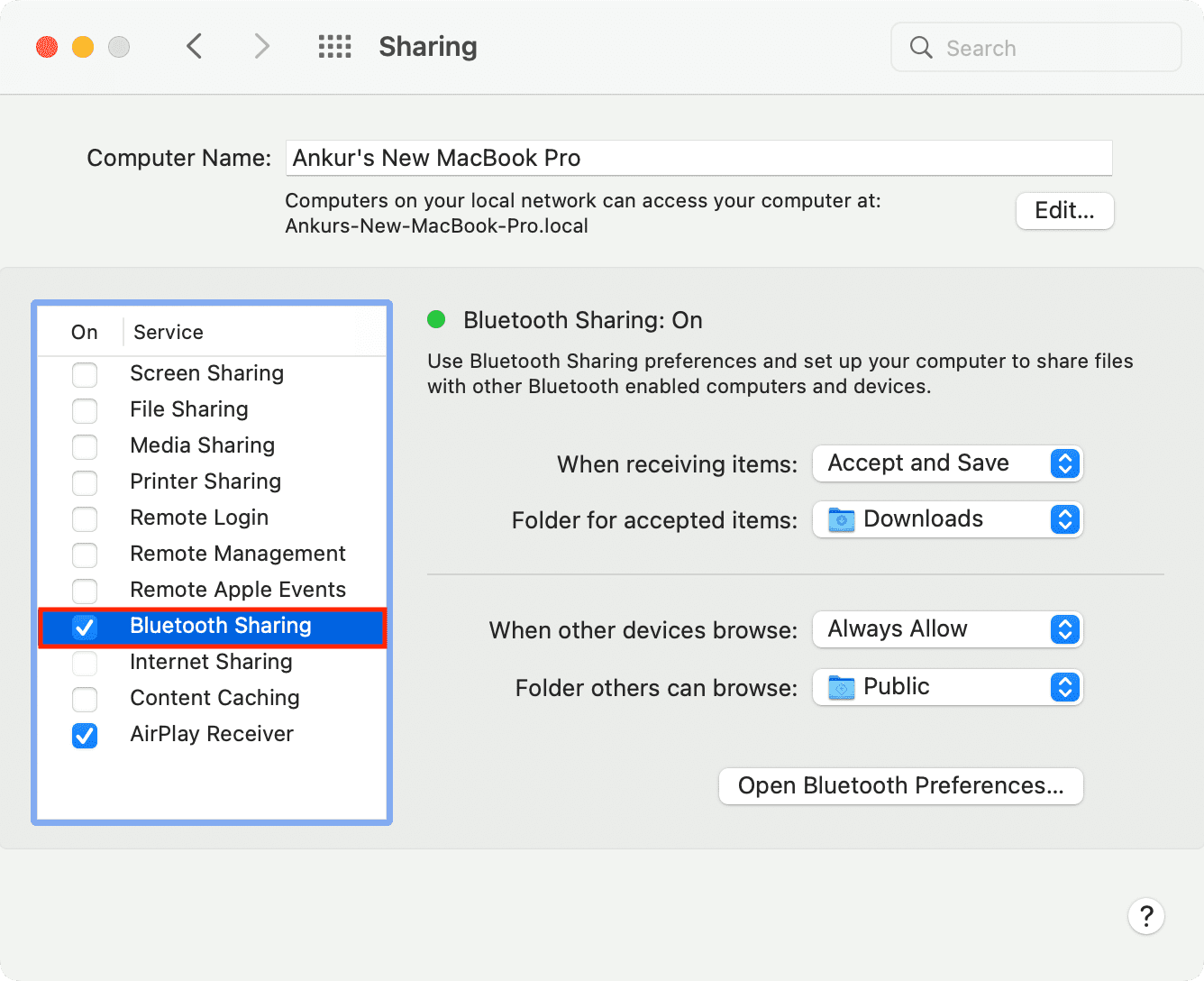 Bluetooth Sharing in Mac System Preferences