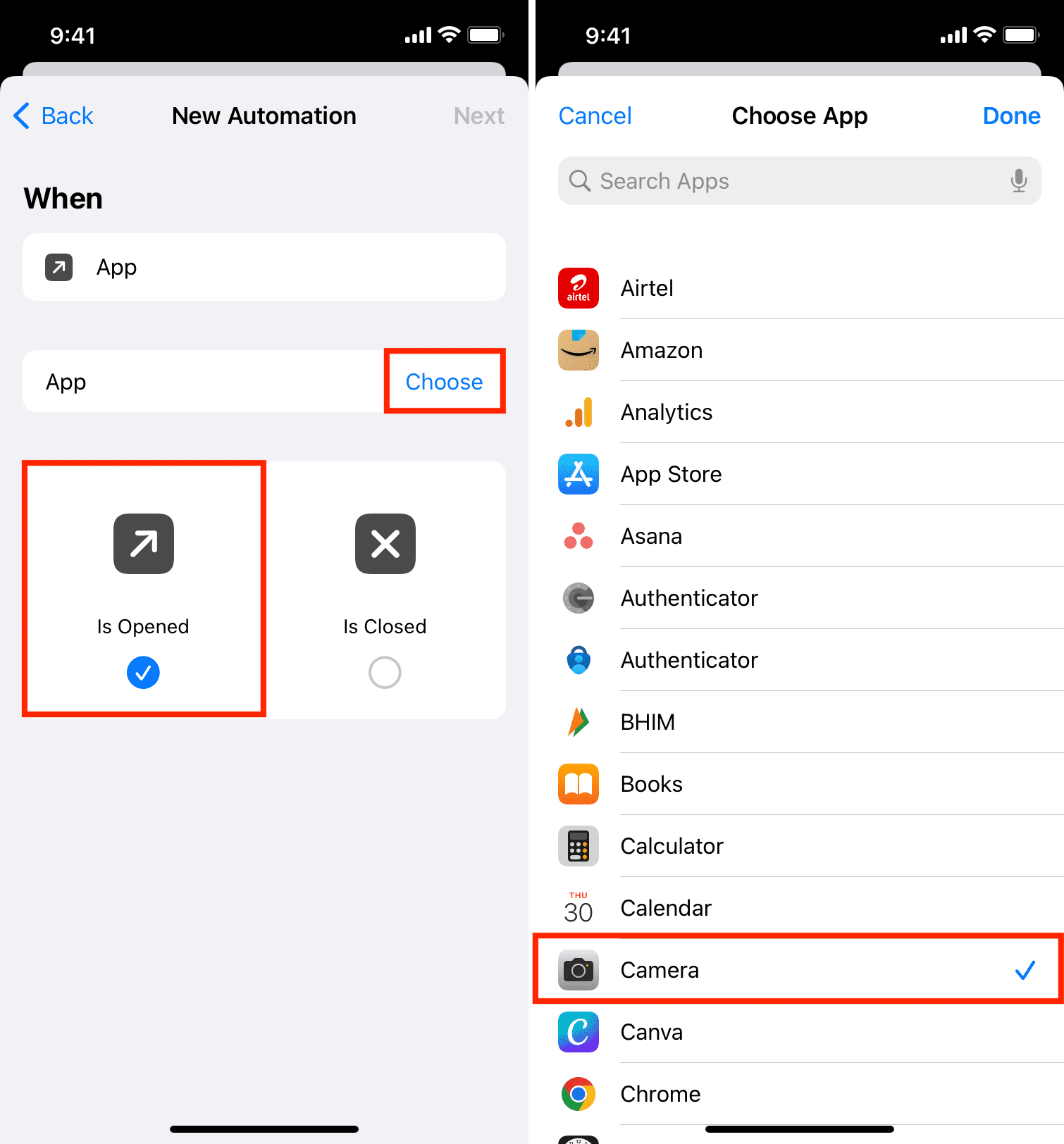 Choose Camera to open in automation
