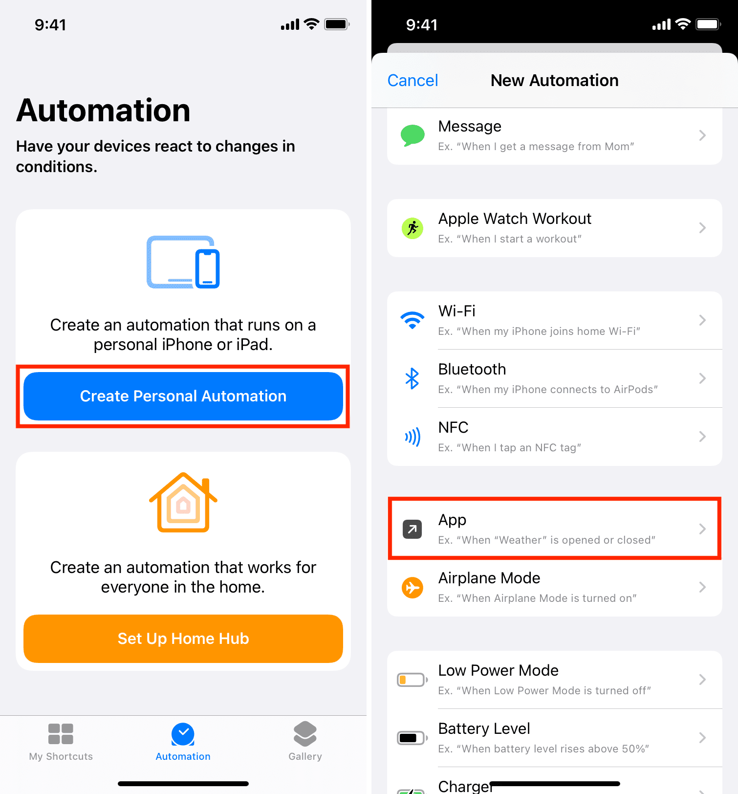 Create Personal Automation and choose App on iPhone