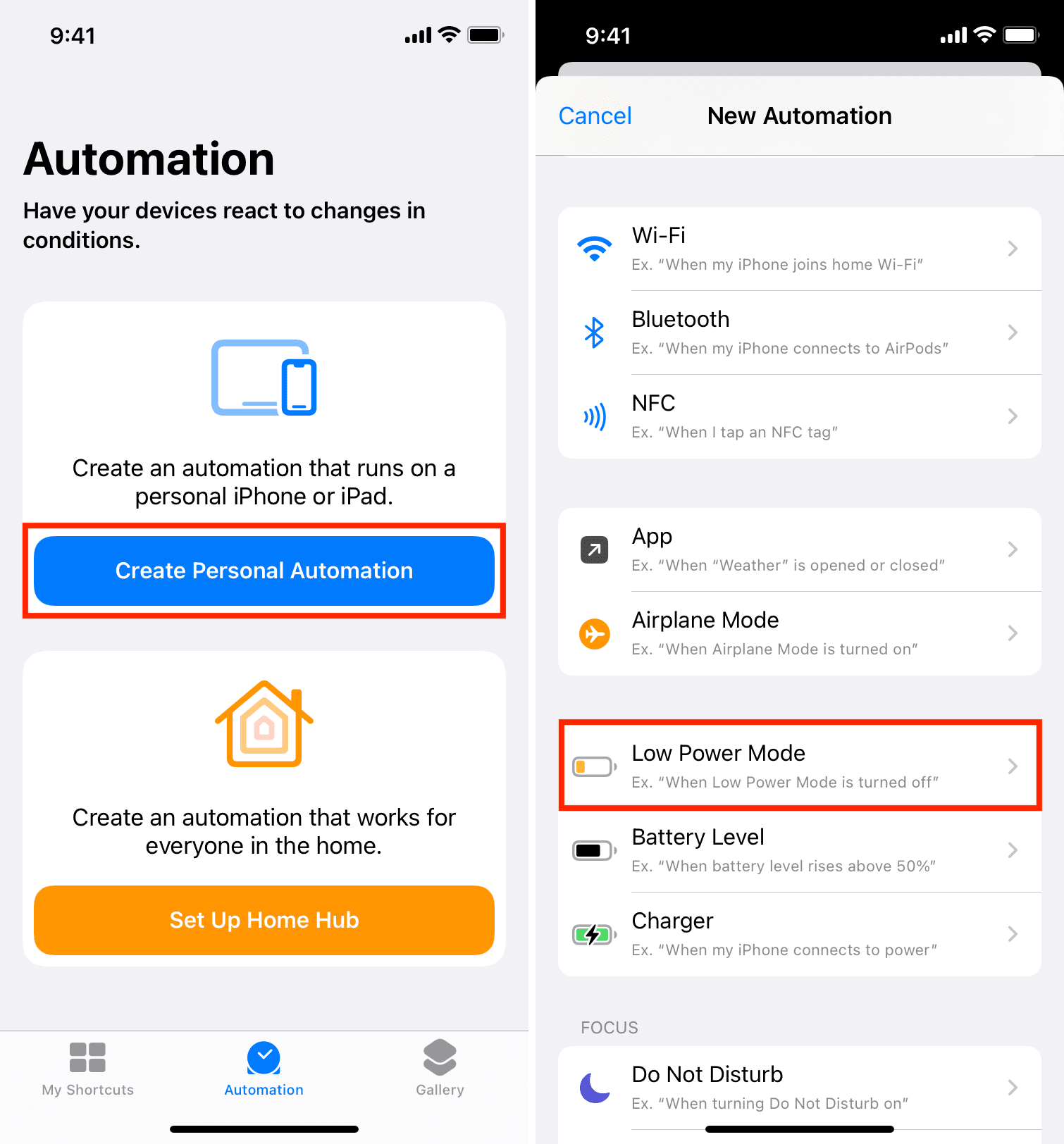 Create Personal Automation and choose Low Power Mode on iPhone
