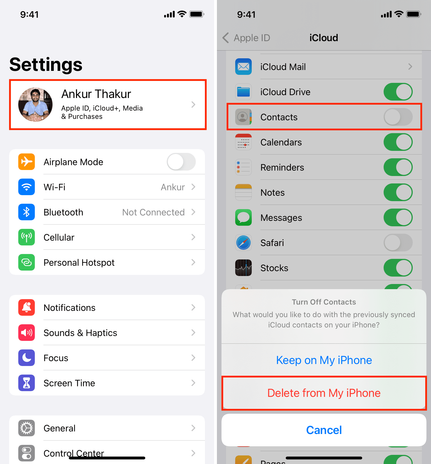Delete from My iPhone in iCloud Contacts on iPhone