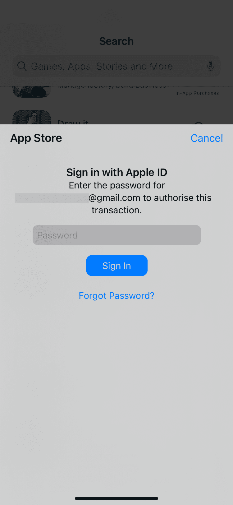 Inserisci la password per l'ID Apple per autorizzare questo avviso di transazione nell'App Store di iPhone