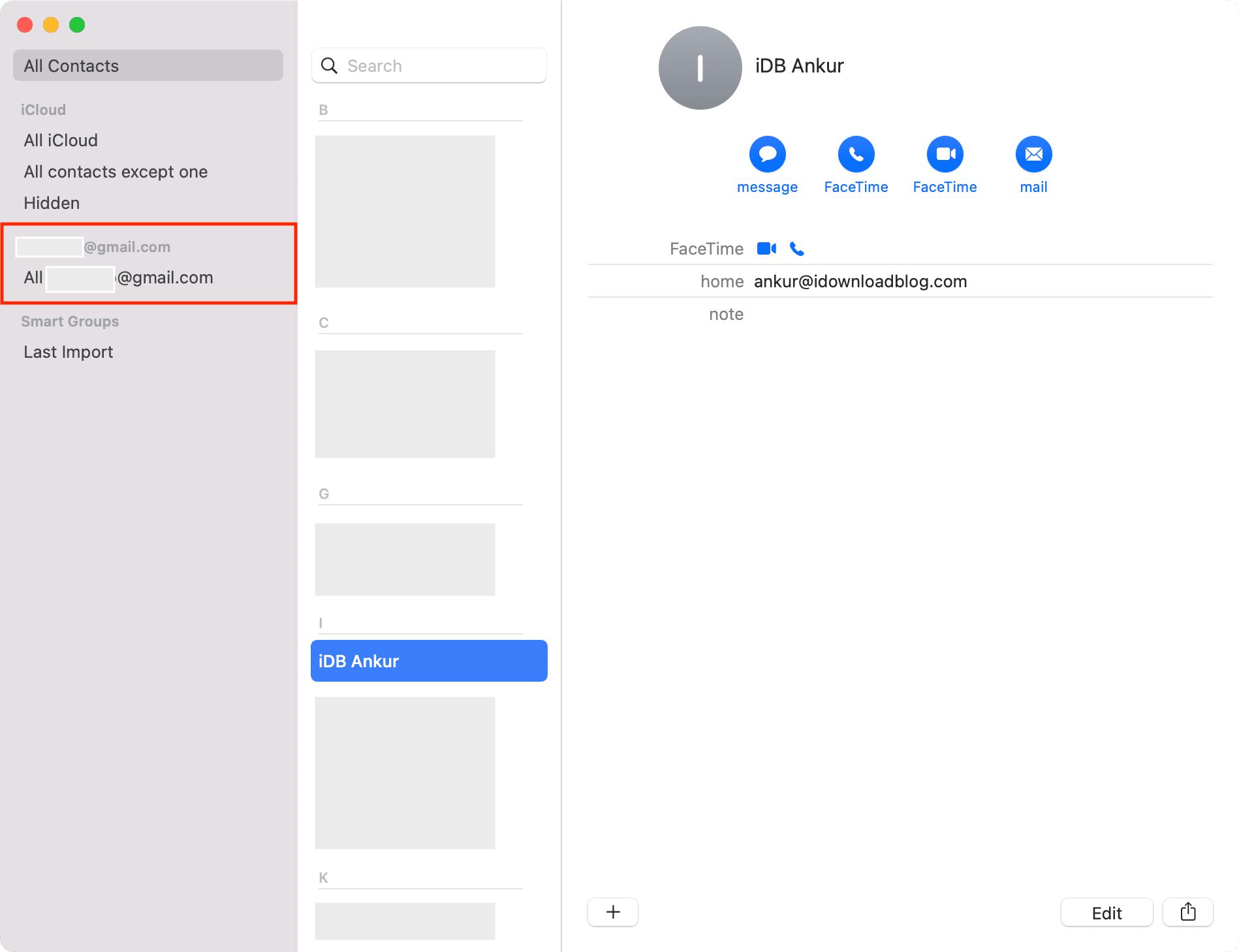 Account Google aggiunto all'app Contatti del Mac
