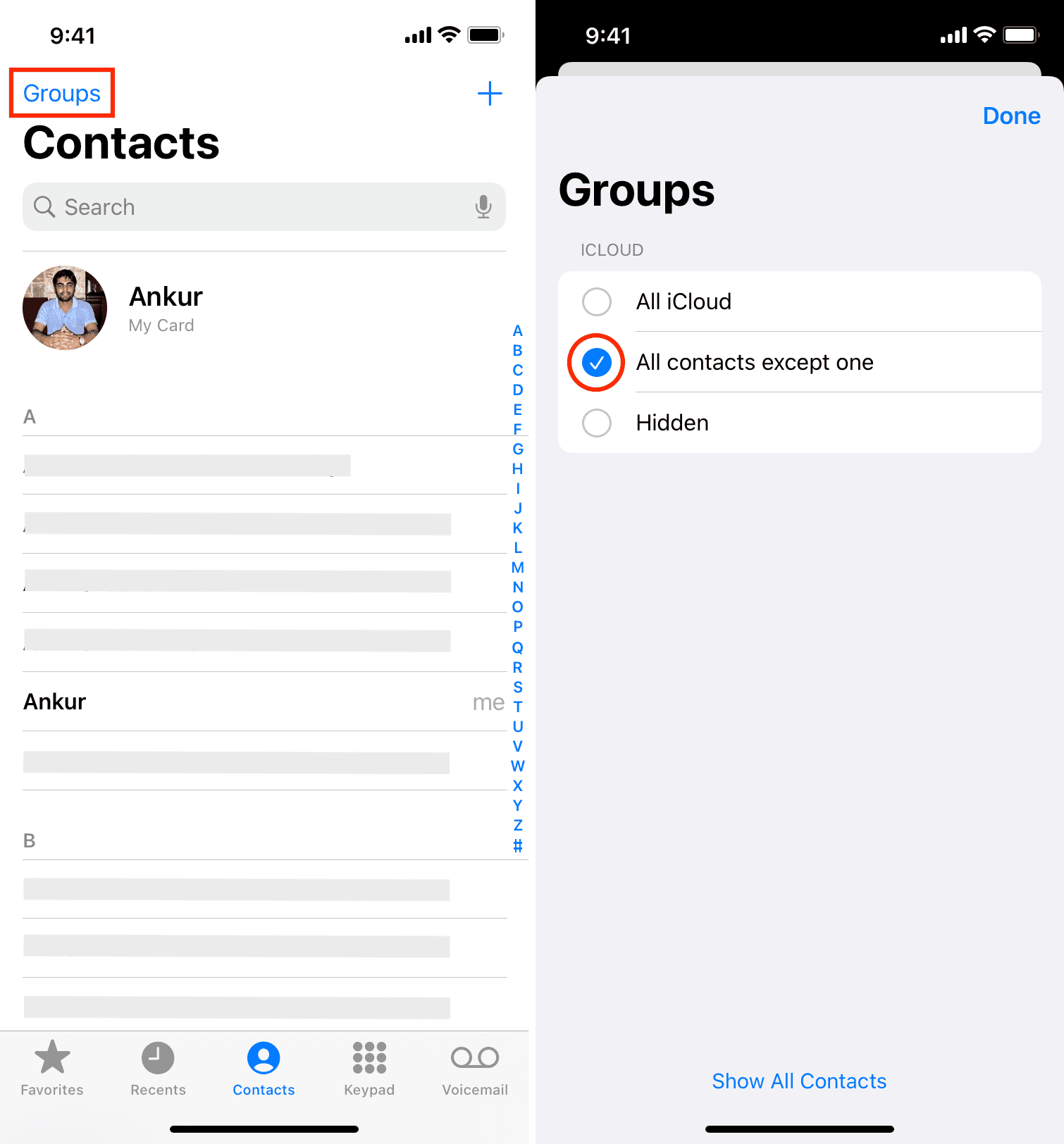 Hide contacts by hiding contact groups on iPhone