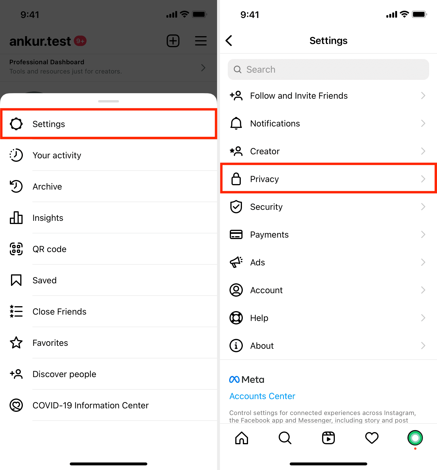 Instagram Privacy settings in app