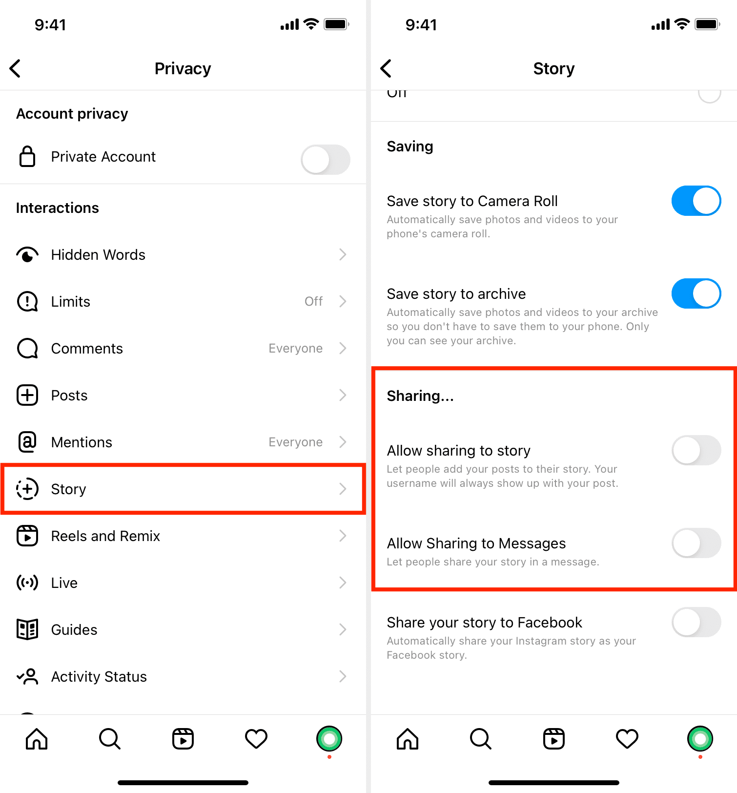 Turn off Instagram Sharing settings