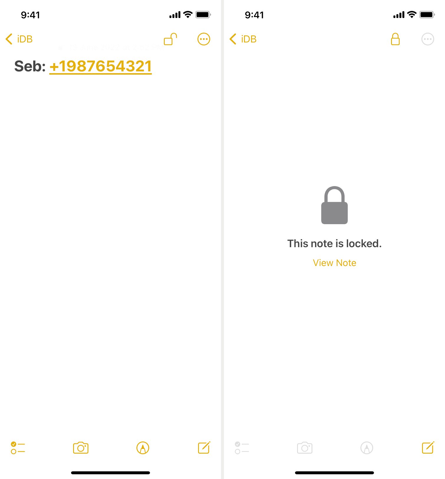 Lock note with the phone number on iPhone