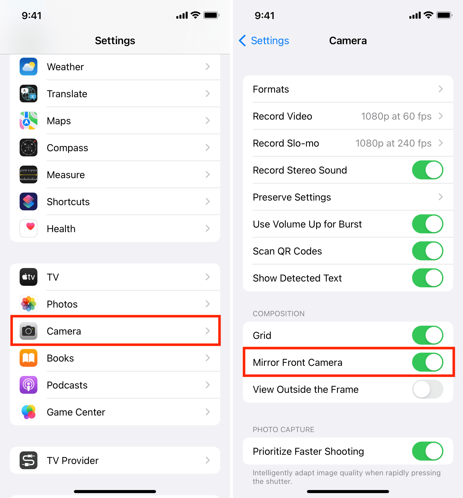 Mirror Front Camera option in iPhone Camera settings