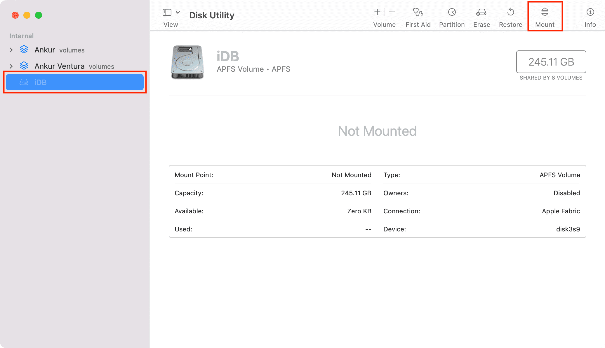 Mount volume in Disk Utility on Mac