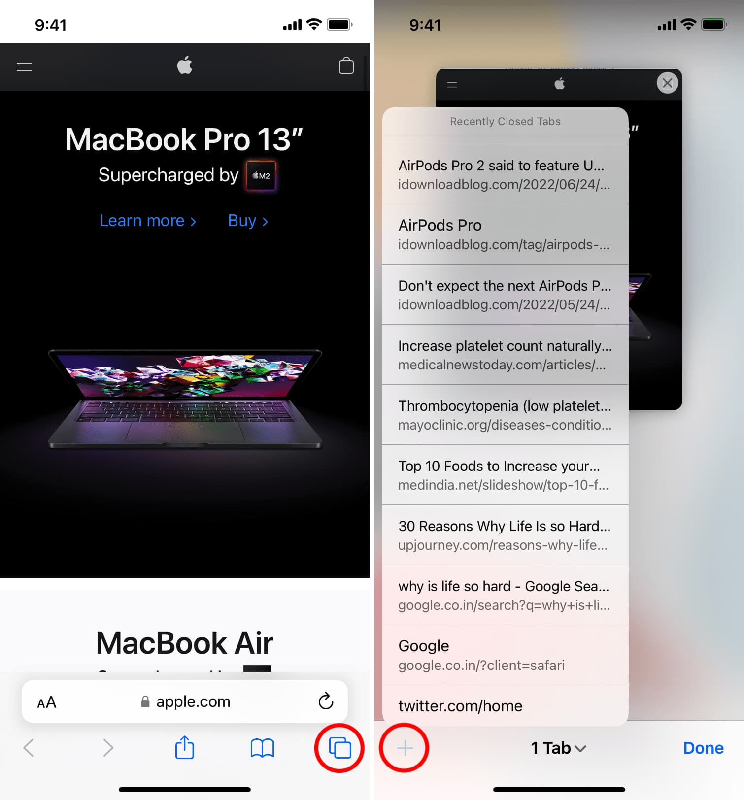 Open recently closed tabs in Safari on iPhone