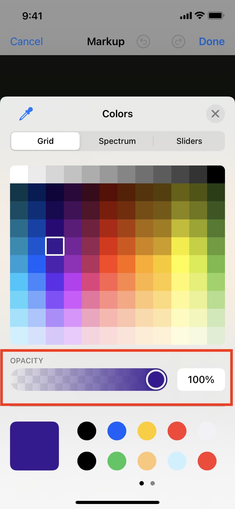 Pick color and set opacity in Markup on iPhone
